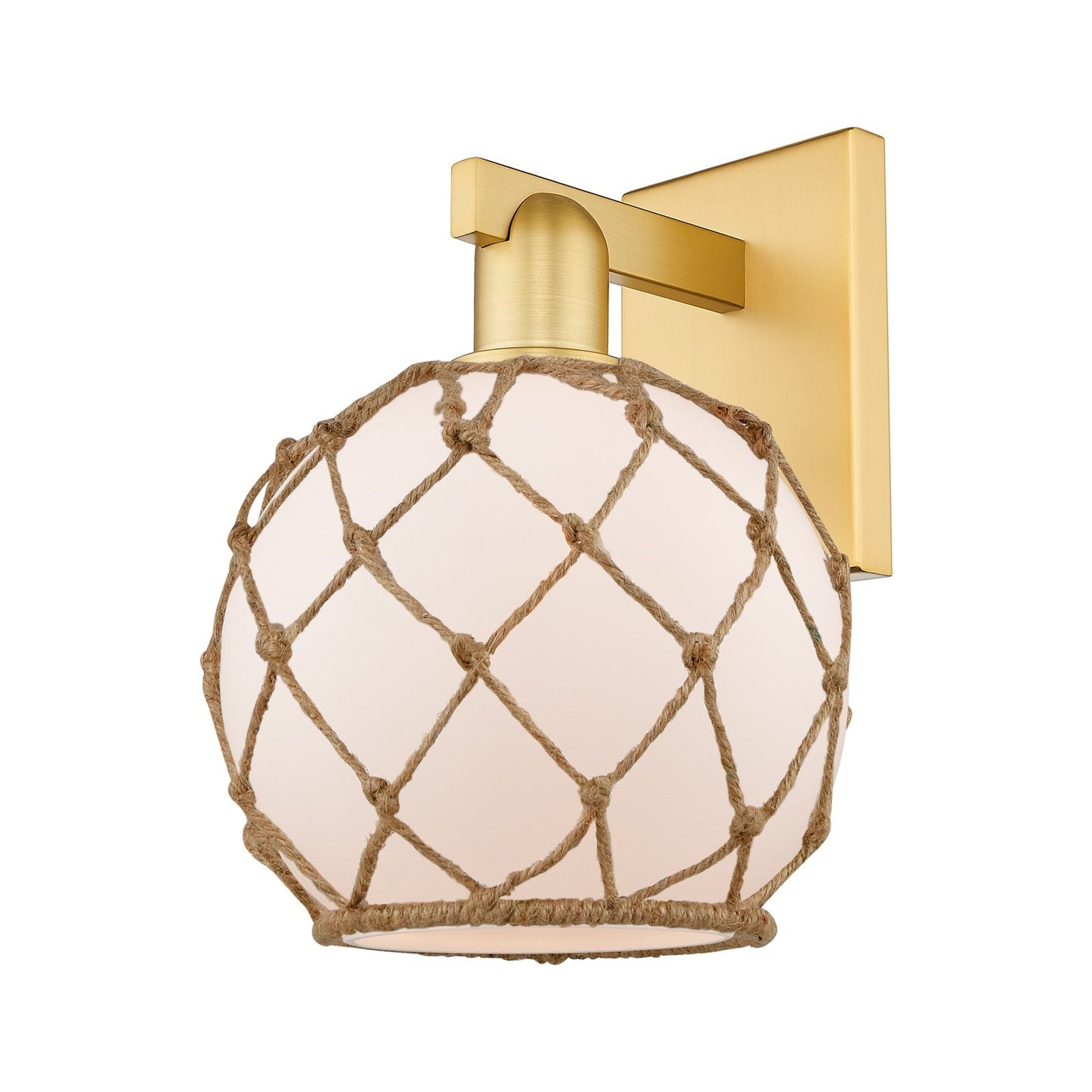 Innovations Farmhouse Rope 8in 1-Light Wall Sconce | Industrial Satin Gold Steel and White Frosted Glass with Brown Rope | Model 716-1W-SG-G121-8RB