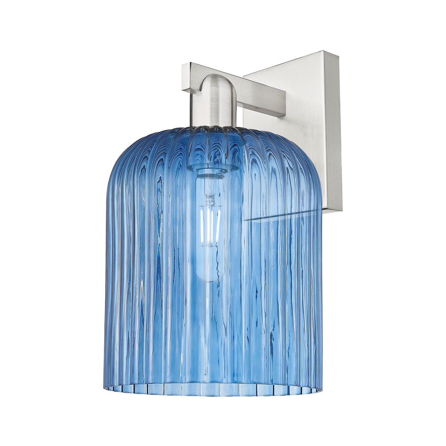 Innovations Bridal Veil 8in 1-Light Wall Sconce | Industrial Brushed Satin Nickel and Princess Blue Ribbed Glass | Bathroom & | Model 716-1W-SN-G559-8BL