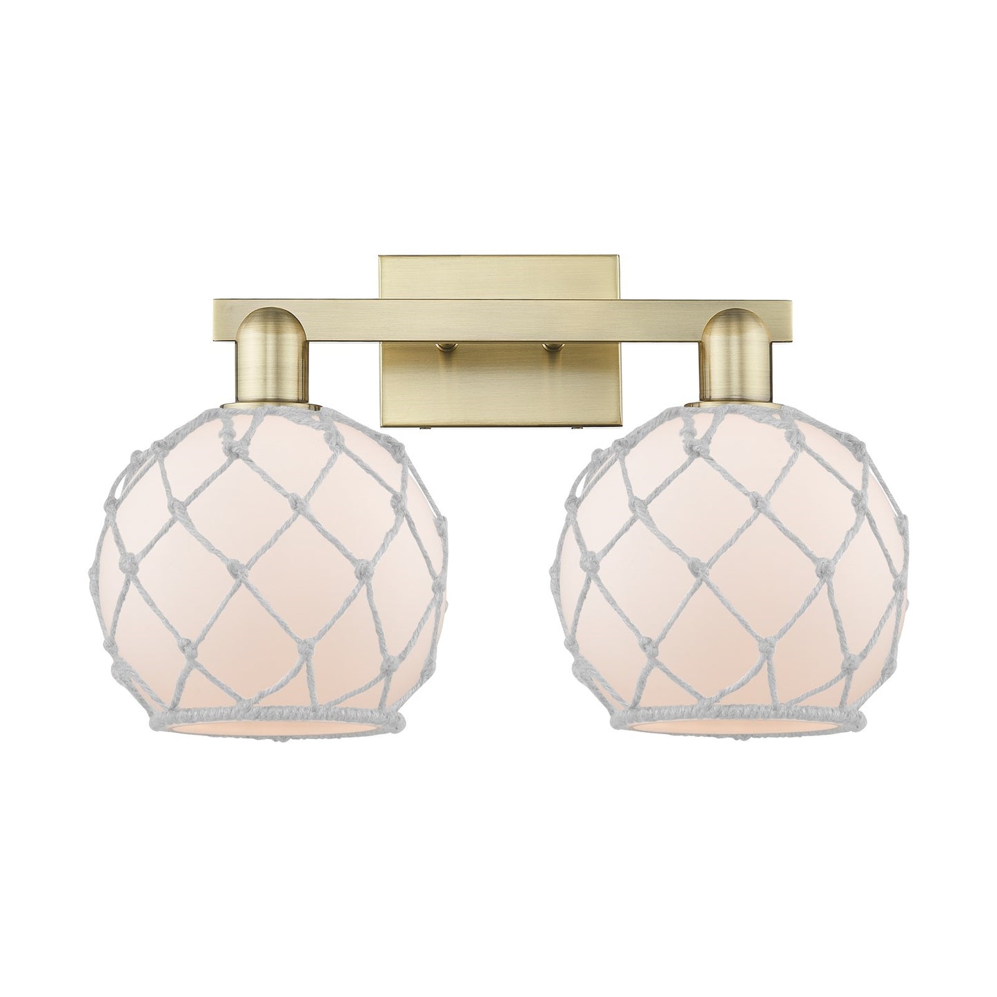 Innovations Farmhouse Rope 19in 2-Light Bath Vanity | Industrial Antique Brass Steel and White Frosted Glass with Rope | Model 716-2W-AB-G121-8RW