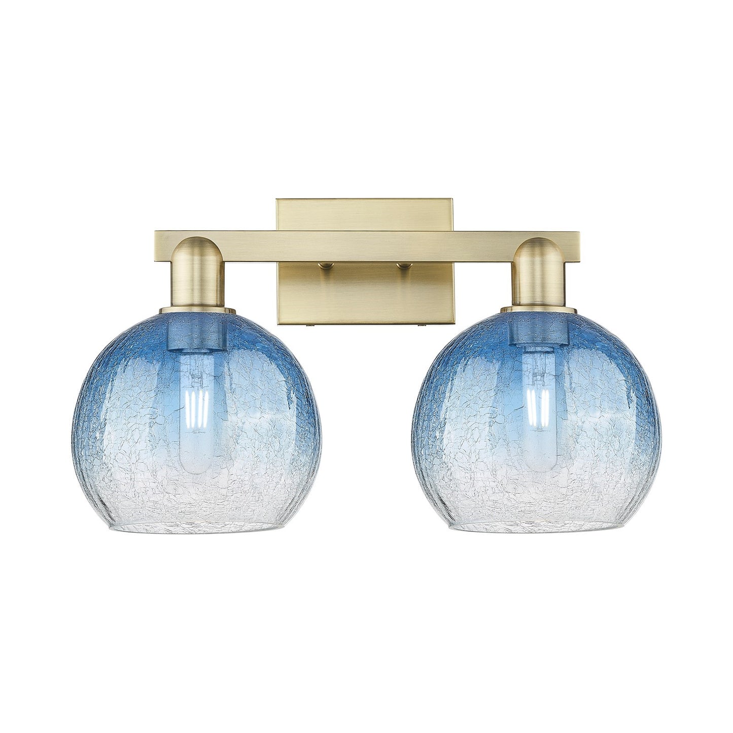 Innovations Brookhaven Globe 19in 2-Light Bath Vanity Light | Industrial Antique Brass and Sapphire Blue Glass | Bathroom | Model 716-2W-AB-G483-8SB