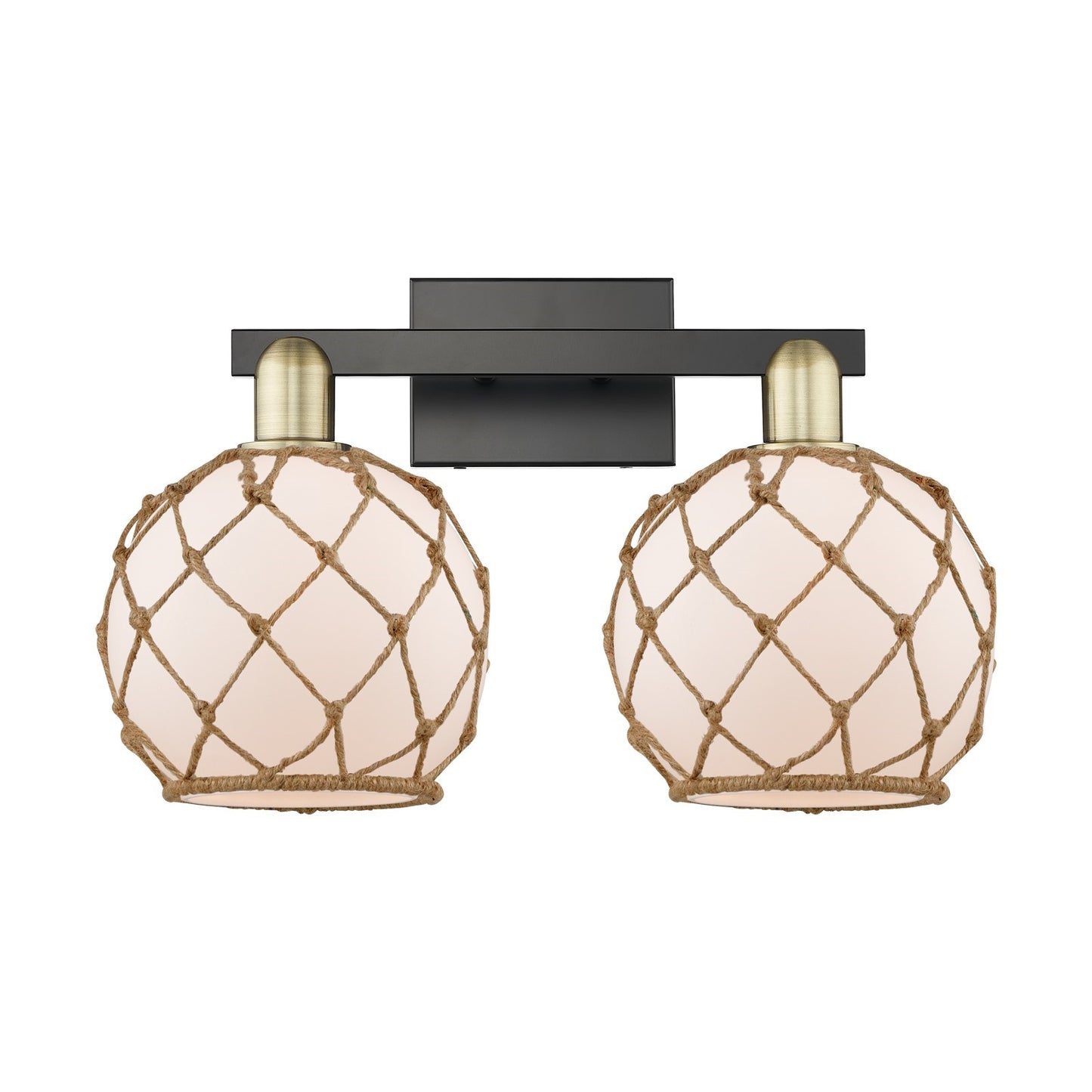 Innovations Farmhouse Rope 19in 2-Light Bath Vanity Light | Industrial Black Antique Brass and White Frosted Glass with Brown | Model 716-2W-BAB-G121-8RB