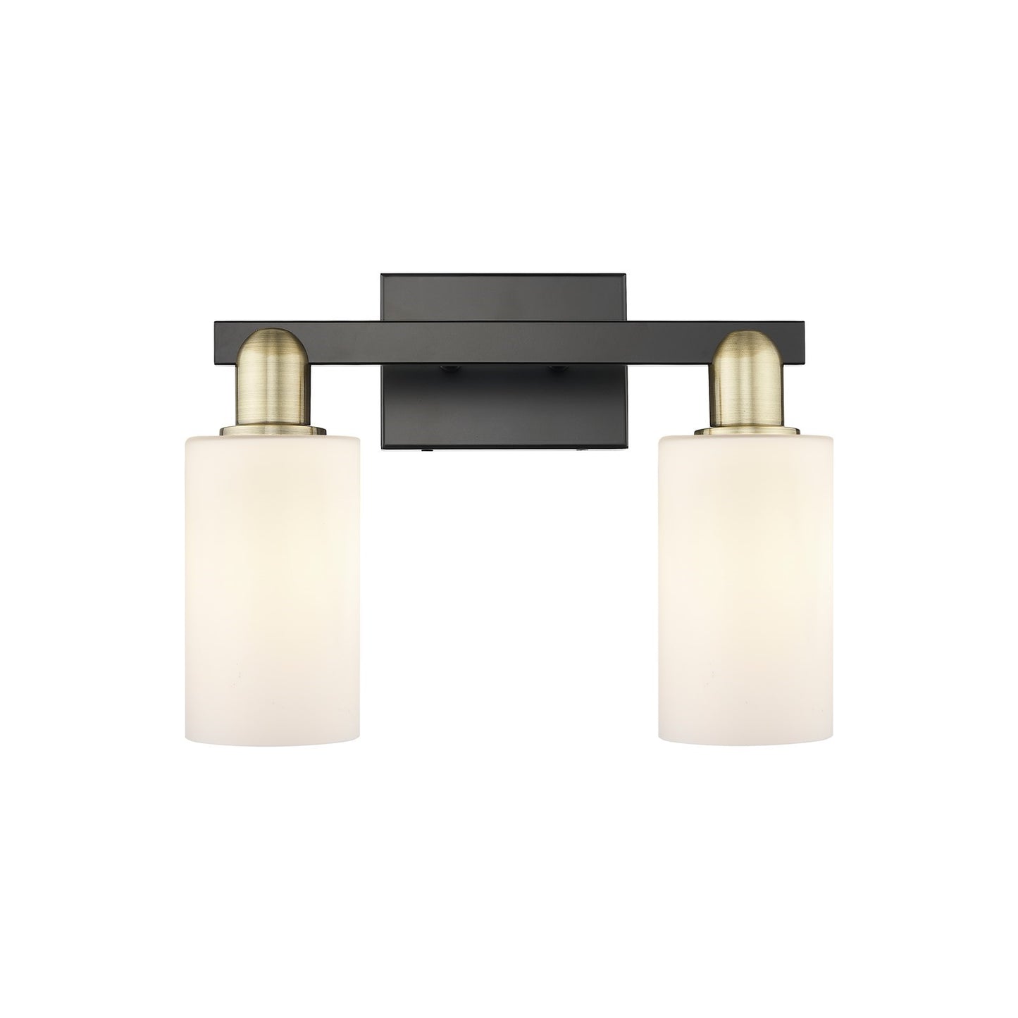Innovations Clymer 15in 2-Light Bath Vanity | Industrial Black Antique Brass Steel and Matte White Glass | Bathroom Vanity Light | Model 716-2W-BAB-G801
