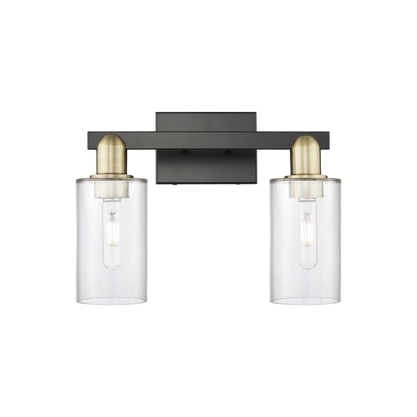 Innovations Clymer 15in 2-Light Bath Vanity | Industrial Black Antique Brass Steel and Clear Glass | Bathroom Vanity Light | 14.88 | Model 716-2W-BAB-G802