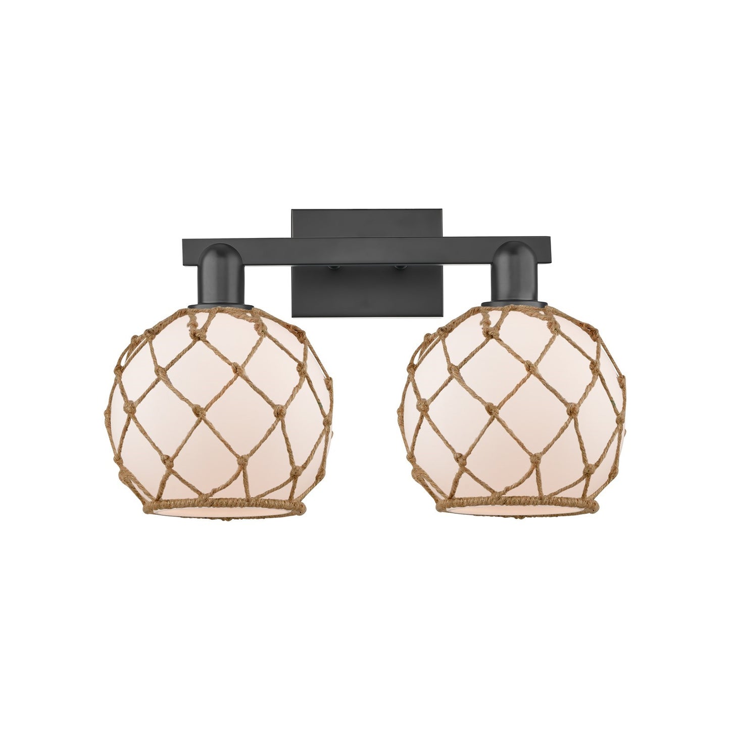 Innovations Farmhouse Rope 19in 2-Light Bath Vanity | Industrial Matte Black Steel and White Frosted Glass with Brown Rope | Model 716-2W-BK-G121-8RB