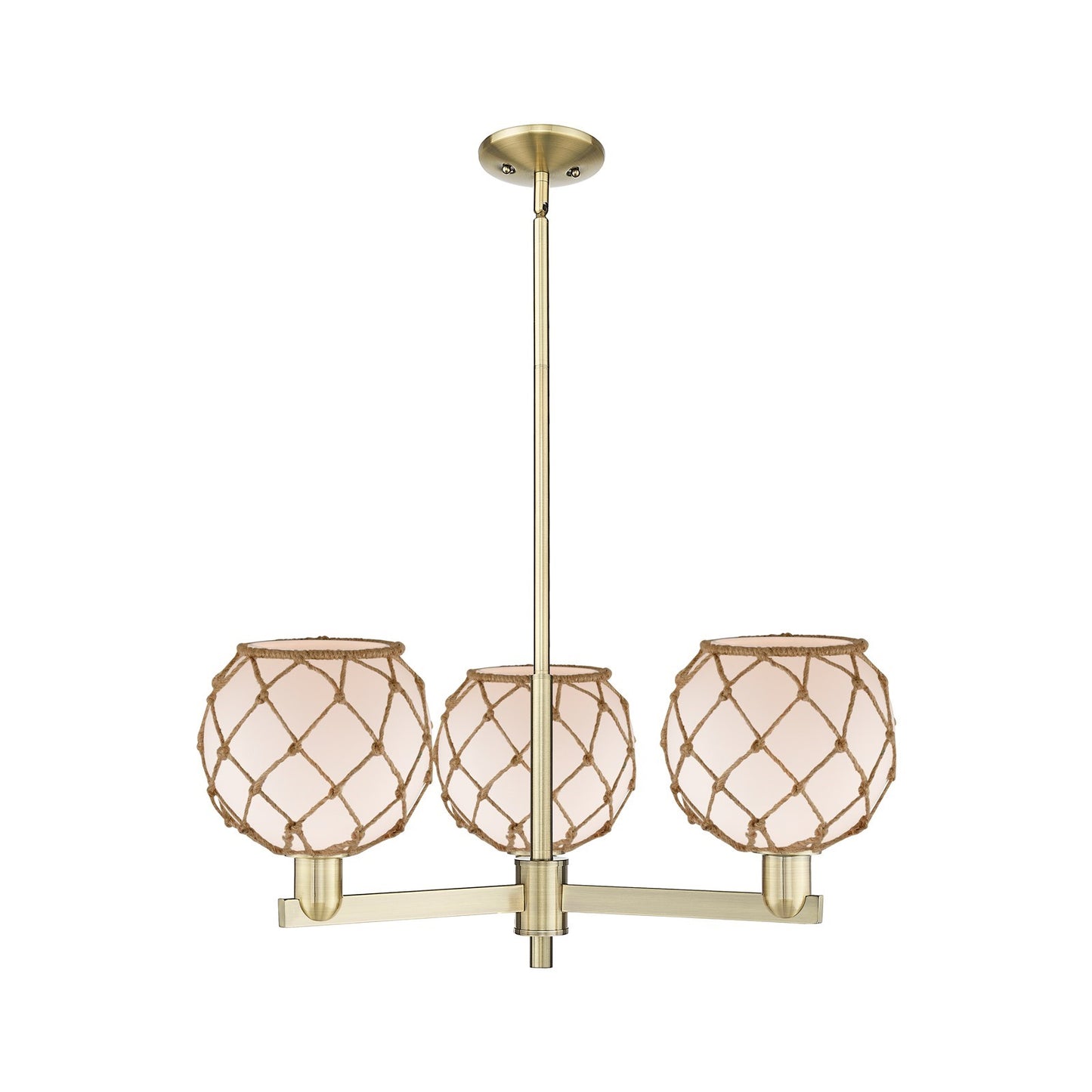 Innovations Farmhouse Rope 30in 3-Light Pendant | Industrial Antique Brass Steel and White Frosted Glass with Brown Rope | Model 716-3CR-AB-G121-8RB