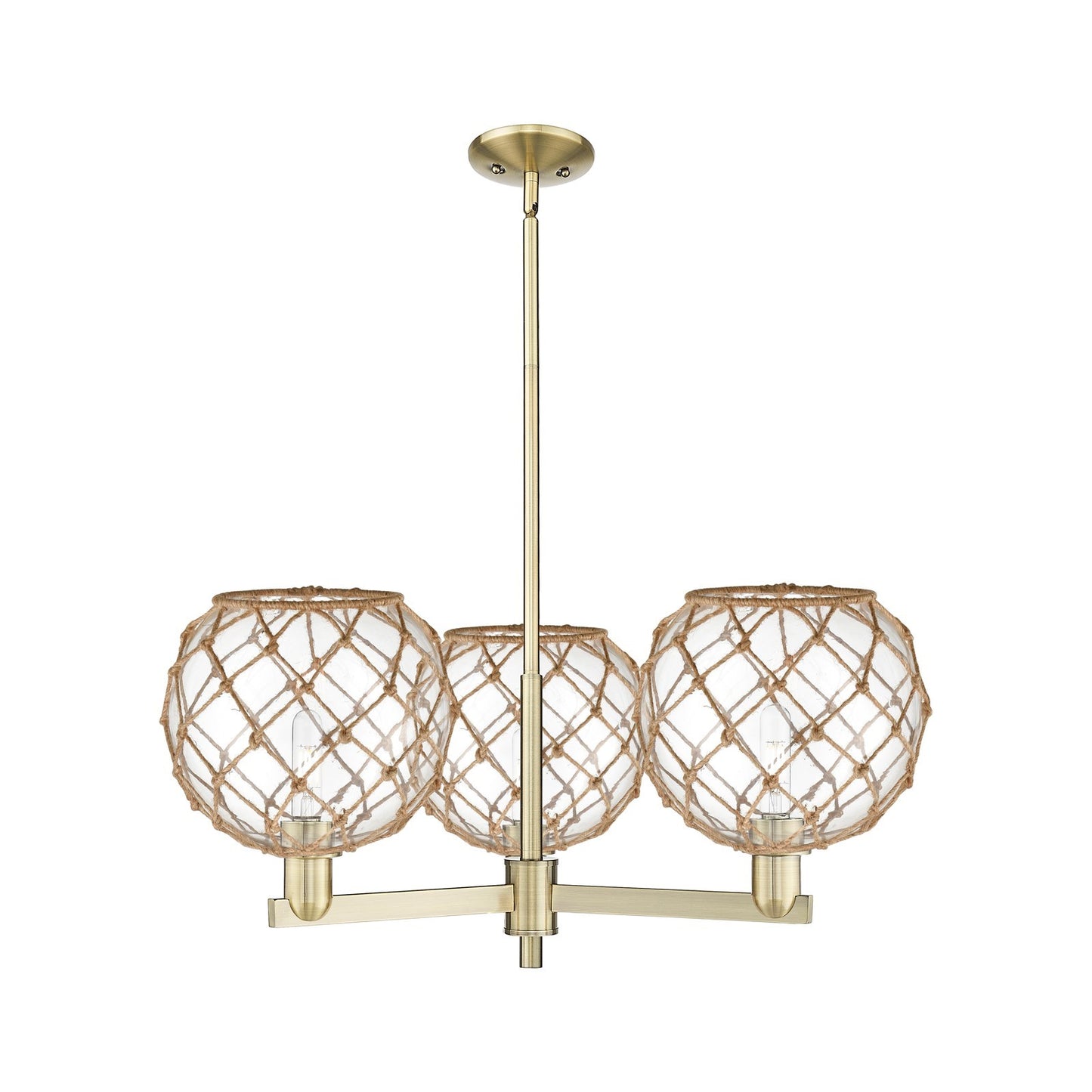 Innovations Farmhouse Rope 32in 3-Light Pendant | Industrial Antique Brass Steel and Clear Glass with Brown Rope | Kitchen | Model 716-3CR-AB-G122-10RB