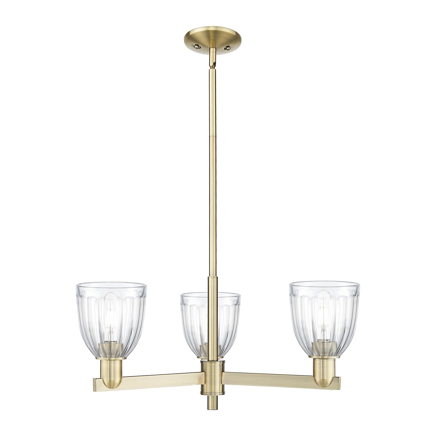Innovations Brookfield 28in 3-Light Pendant | Industrial Antique Brass and Clear Ribbed Glass | Kitchen Island & Dining Room | Model 716-3CR-AB-G442