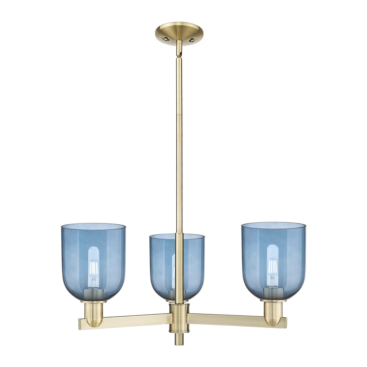 Innovations Bella 27in 3-Light Pendant | Industrial Antique Brass and Blue Glass | Kitchen Island & Dining Room | 27.25 x | Model 716-3CR-AB-G558-6BL