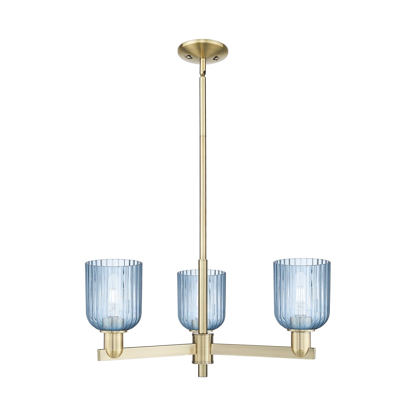 Innovations Bridal Veil 26.75in 3-Light Pendant | Industrial Antique Brass Steel and Princess Blue Ribbed Glass | Kitchen | Model 716-3CR-AB-G559-5BL