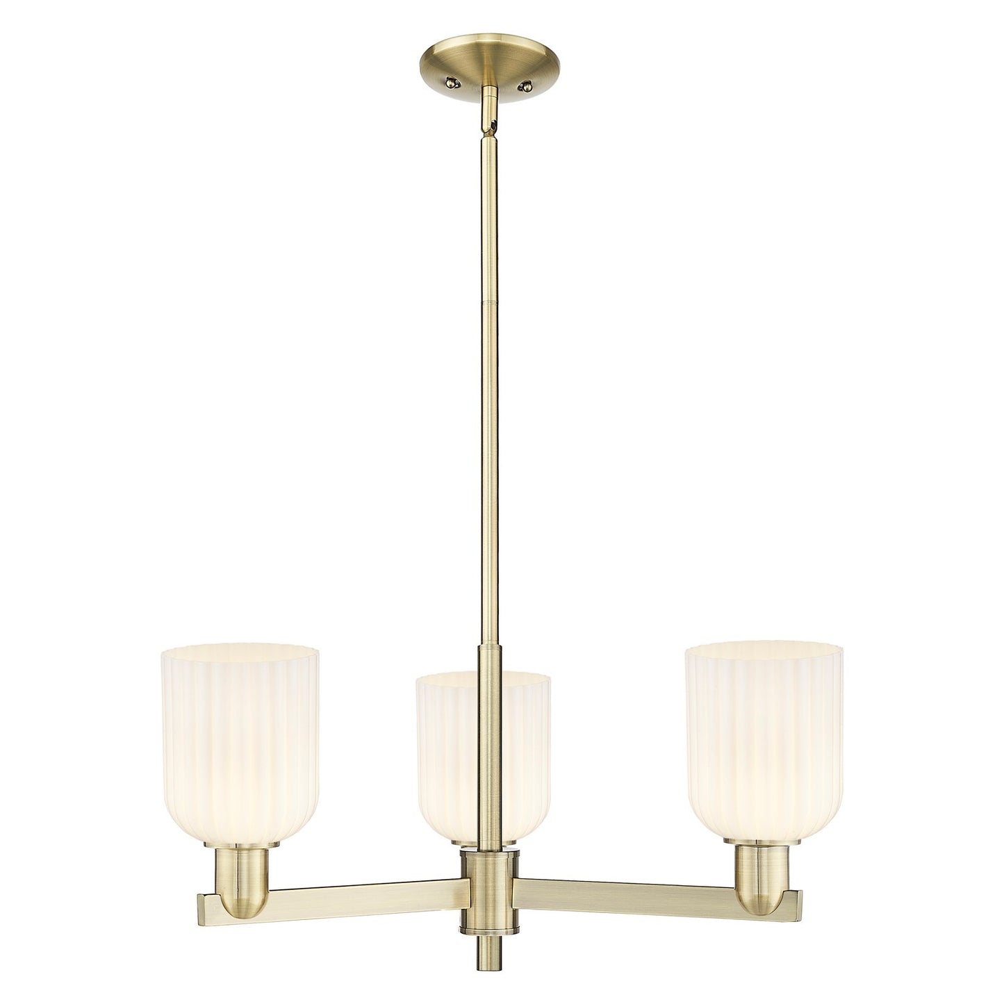 Innovations Bridal Veil 26.75in 3-Light Pendant | Industrial Antique Brass and Gloss White Ribbed Glass | Kitchen Island & | Model 716-3CR-AB-G559-5GWH
