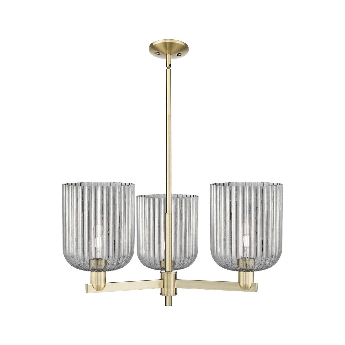 Innovations Bridal Veil 30in 3-Light Pendant | Industrial Antique Brass Steel and Light Smoke Ribbed Glass | Kitchen Island & | Model 716-3CR-AB-G559-8SM