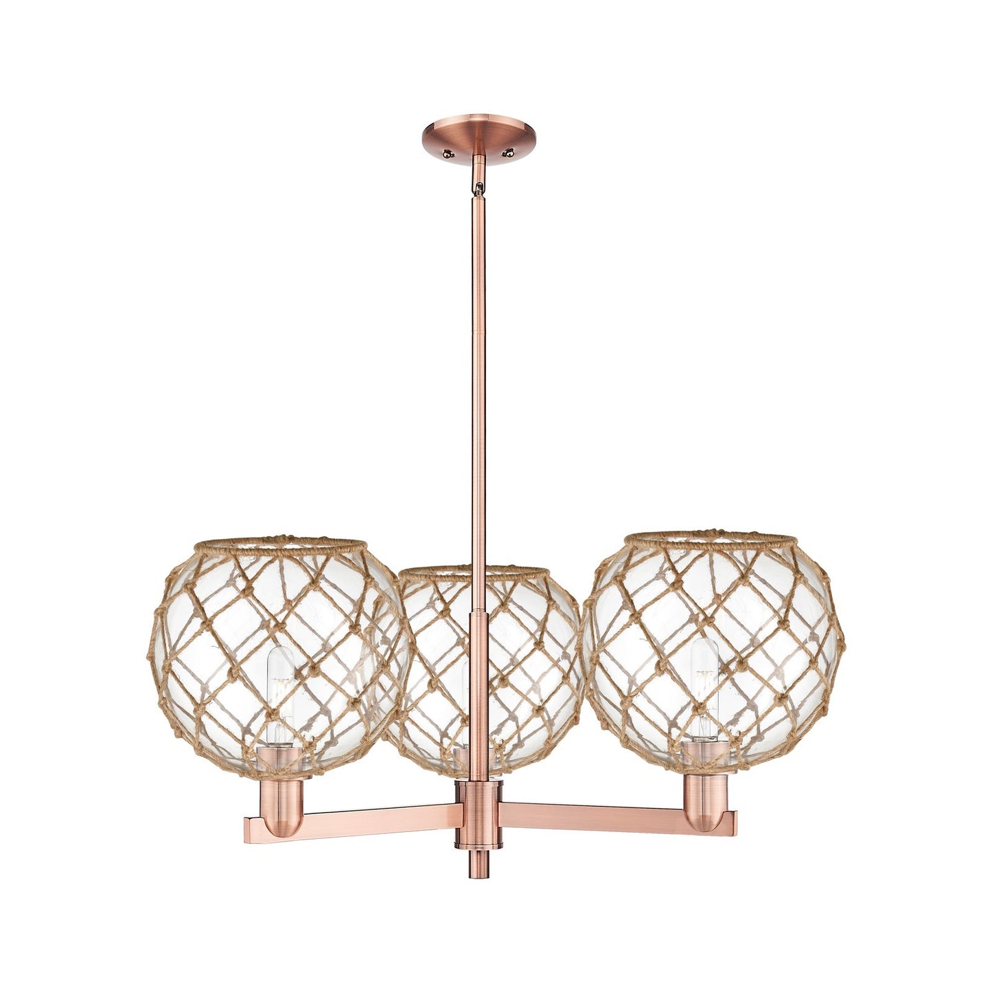 Innovations Farmhouse Rope 32in 3-Light Pendant | Industrial Antique Copper Steel and Clear Glass with Brown Rope | Kitchen | Model 716-3CR-AC-G122-10RB