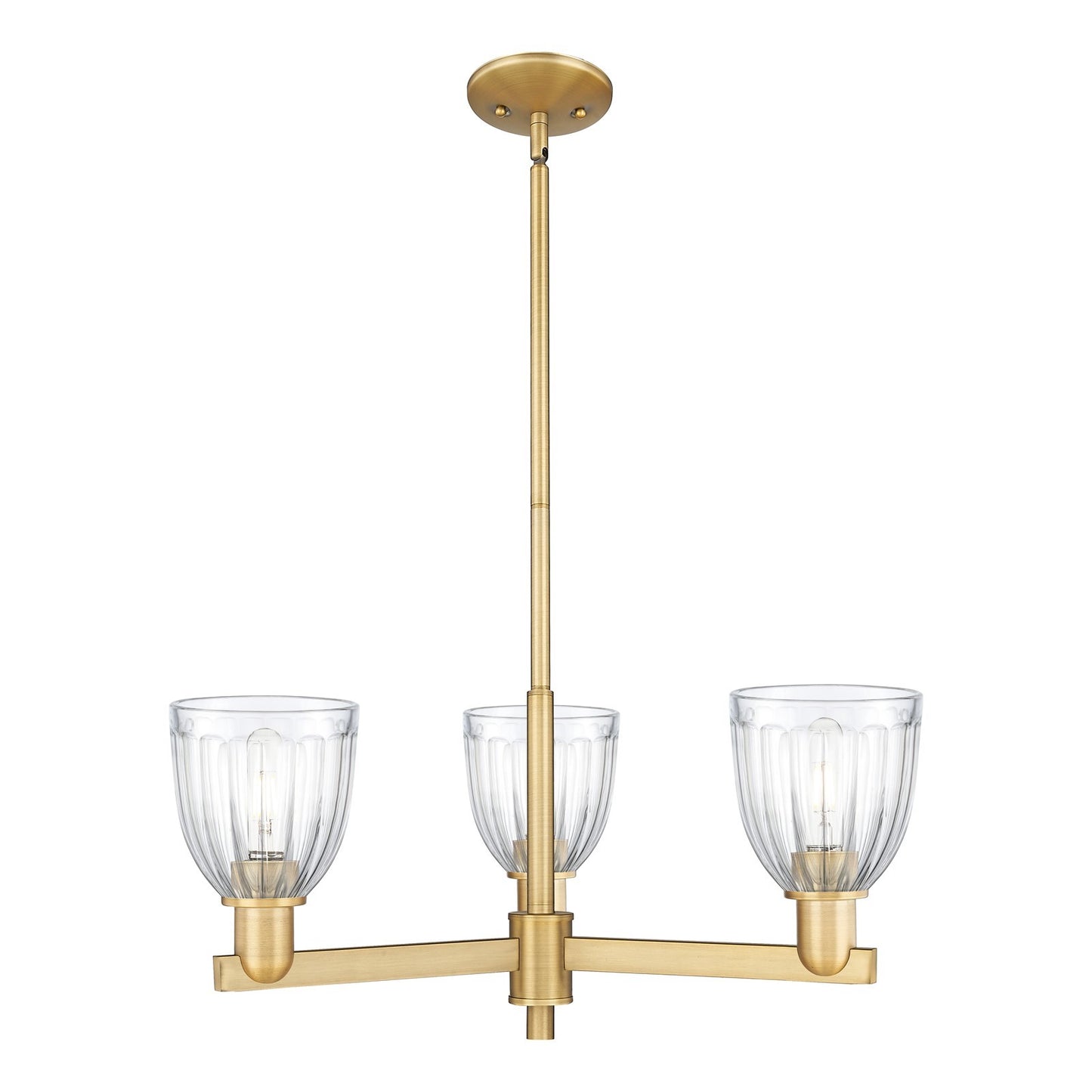 Innovations Brookfield 28in 3-Light Pendant | Industrial Brushed Brass Steel and Clear Ribbed Glass | Kitchen Island & Dining Room | Model 716-3CR-BB-G442