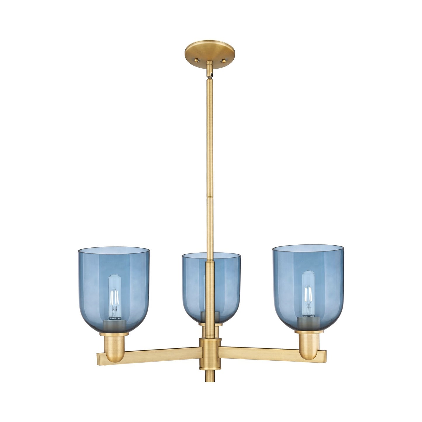 Innovations Bella 27in 3-Light Pendant | Industrial Brushed Brass and Blue Glass | Kitchen Island & Dining Room | 27.25 x | Model 716-3CR-BB-G558-6BL