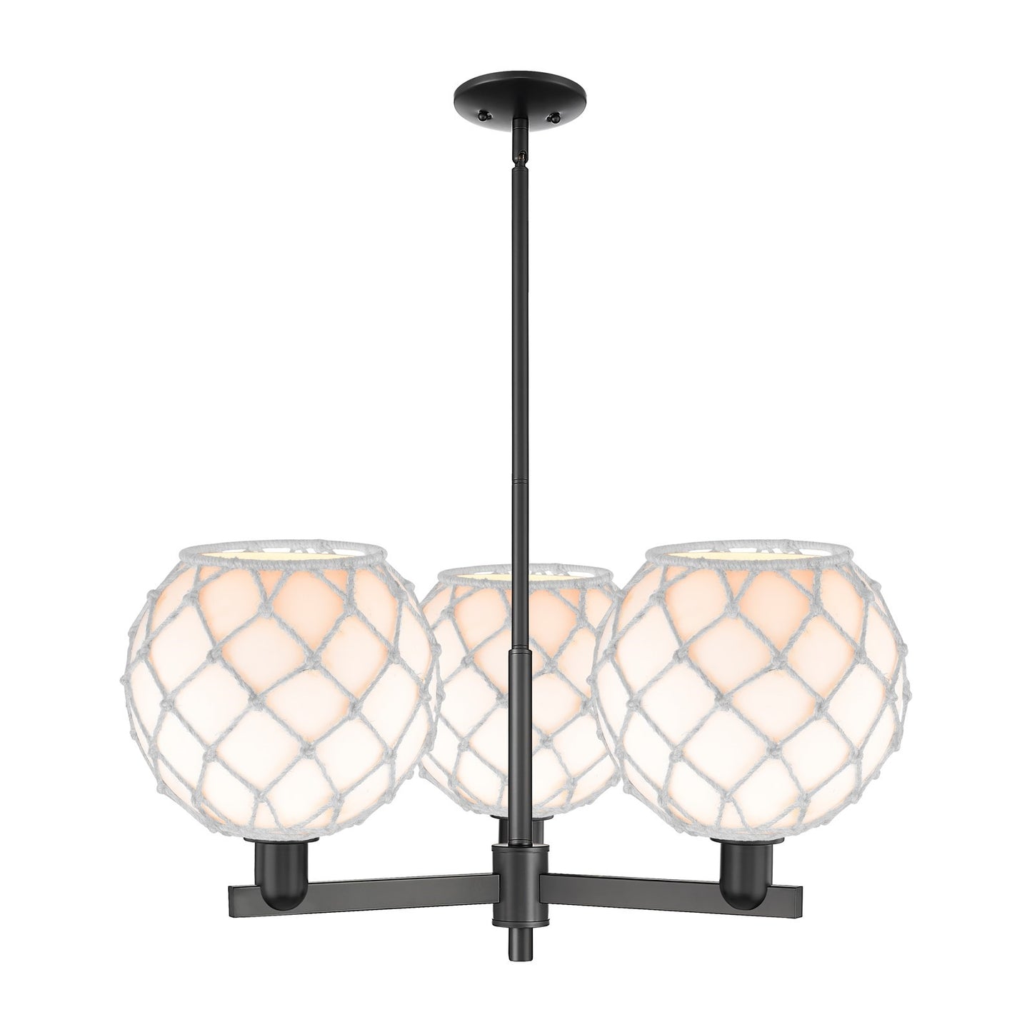 Innovations Farmhouse Rope 32in 3-Light Pendant | Industrial Matte Black Steel and White Glass with Rope | Kitchen Island & | Model 716-3CR-BK-G121-10RW