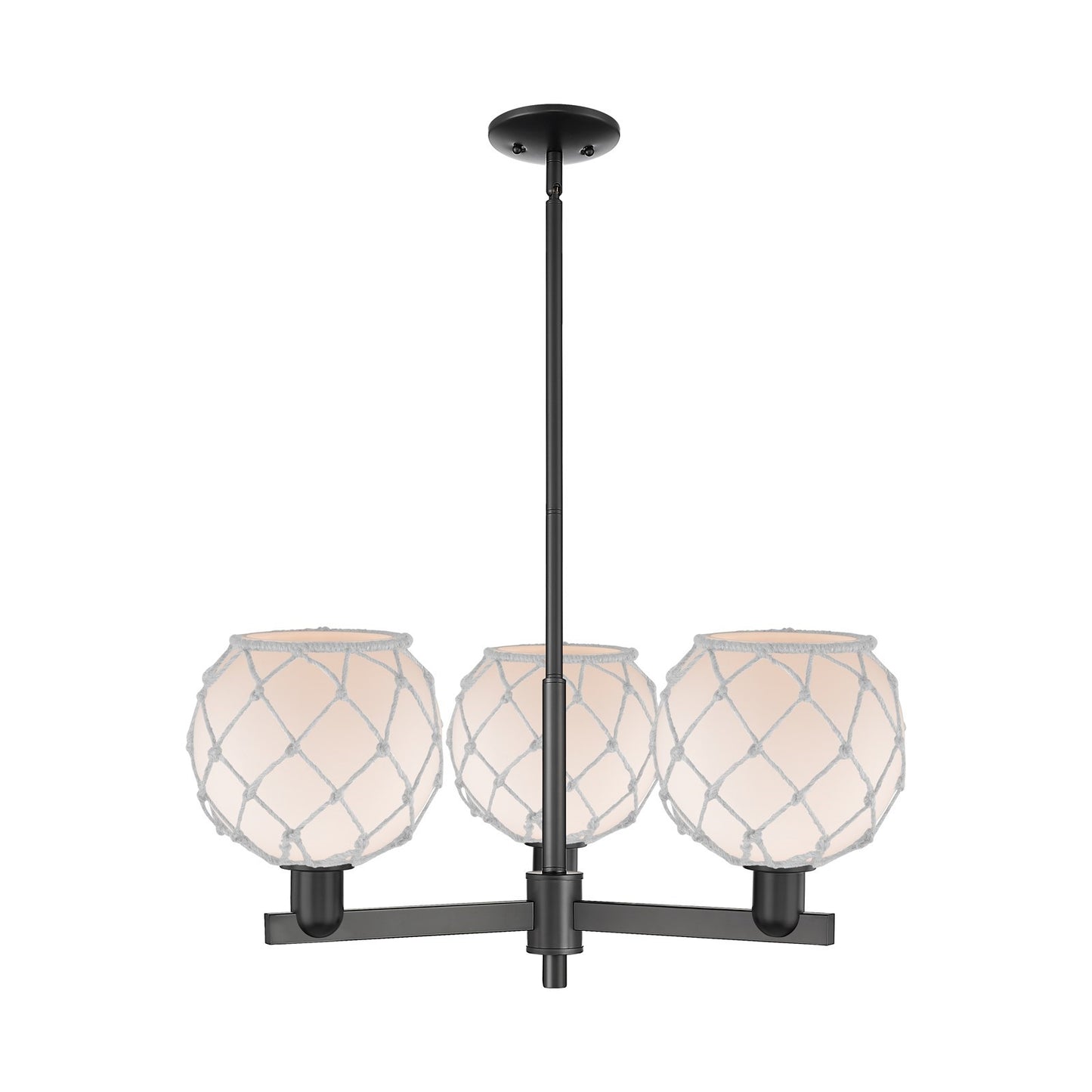 Innovations Farmhouse Rope 30in 3-Light Pendant | Industrial Matte Black Steel and White Frosted Glass with Rope | Kitchen | Model 716-3CR-BK-G121-8RW