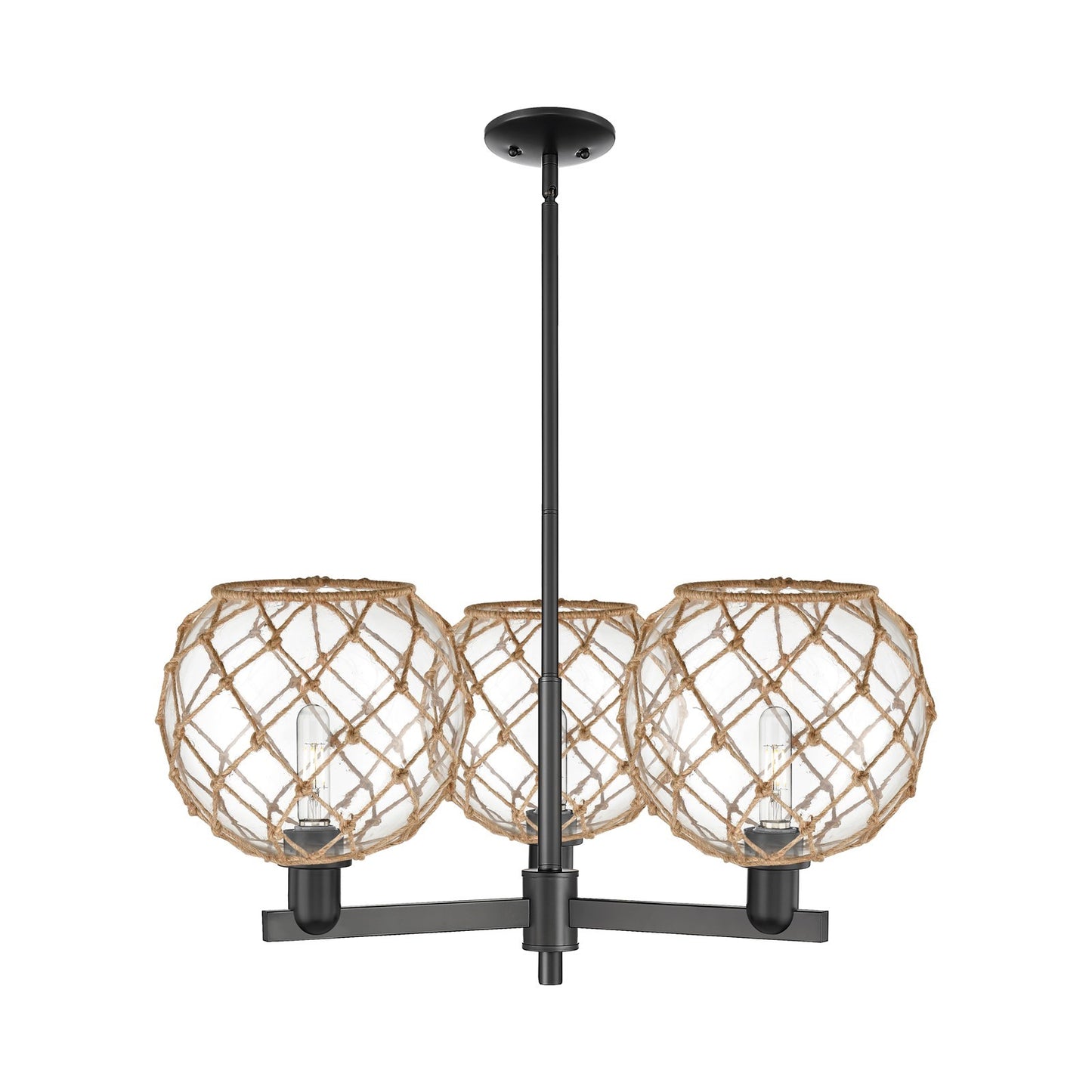 Innovations Farmhouse Rope 32in 3-Light Pendant | Industrial Matte Black Steel and Clear Glass with Brown Rope | Kitchen | Model 716-3CR-BK-G122-10RB