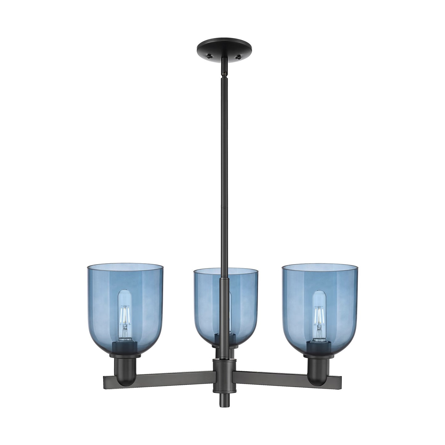 Innovations Bella 27in 3-Light Pendant | Industrial Matte Black Steel and Blue Glass | Kitchen Island & Dining Room | 27.25 x | Model 716-3CR-BK-G558-6BL