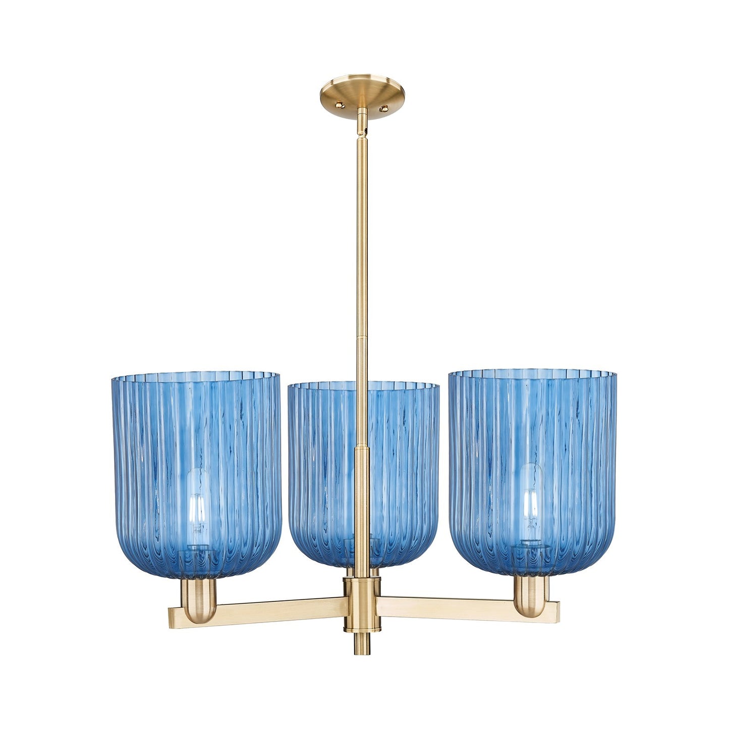 Innovations Bridal Veil 30in 3-Light Pendant | Industrial Champagne Bronze Steel and Princess Blue Ribbed Glass | Kitchen | Model 716-3CR-CB-G559-8BL