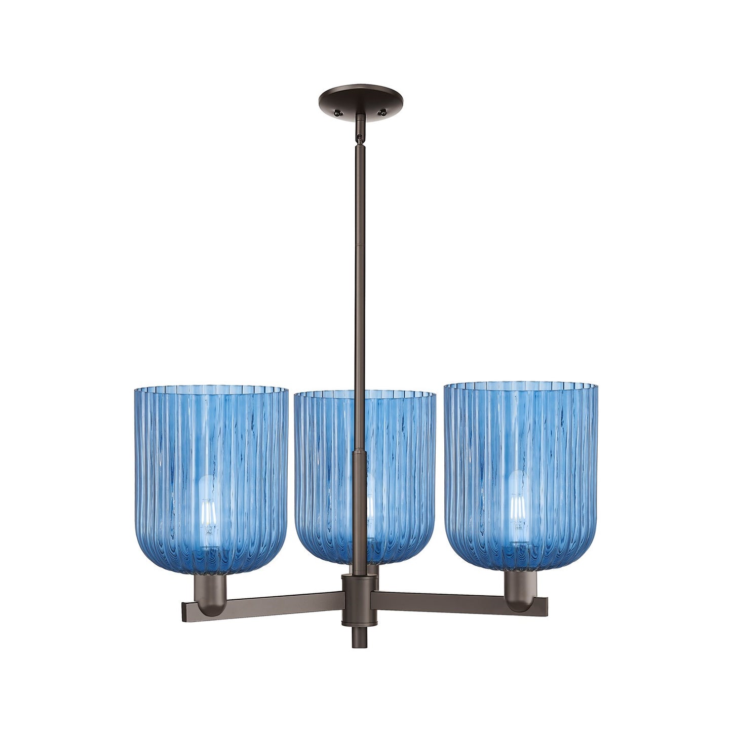 Innovations Bridal Veil 30in 3-Light Pendant | Industrial Oil Rubbed Bronze Steel and Princess Blue Ribbed Glass | Kitchen | Model 716-3CR-OB-G559-8BL