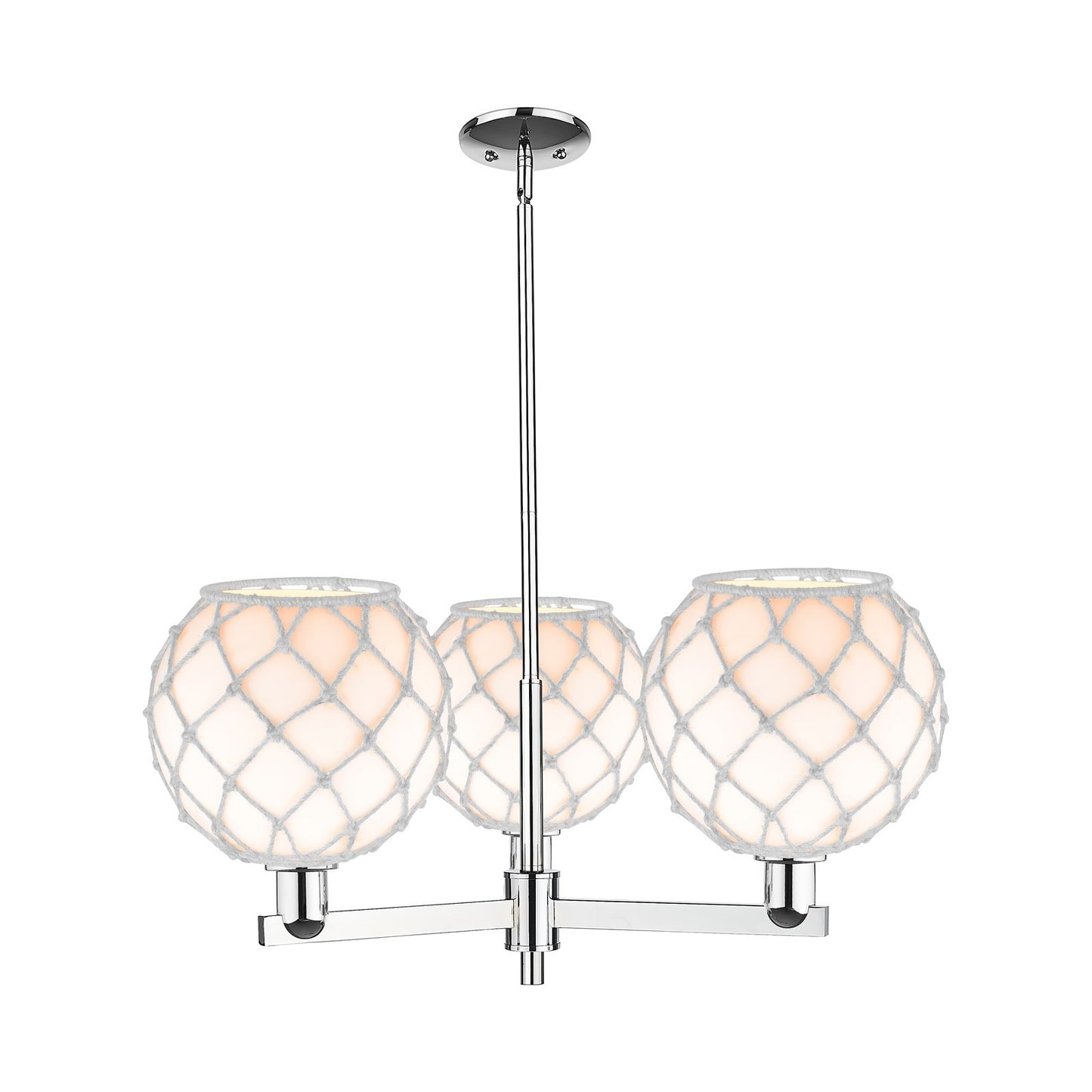 Innovations Farmhouse Rope 32in 3-Light Pendant | Industrial Polished Chrome Steel and White Glass with Rope | Kitchen Island | Model 716-3CR-PC-G121-10RW