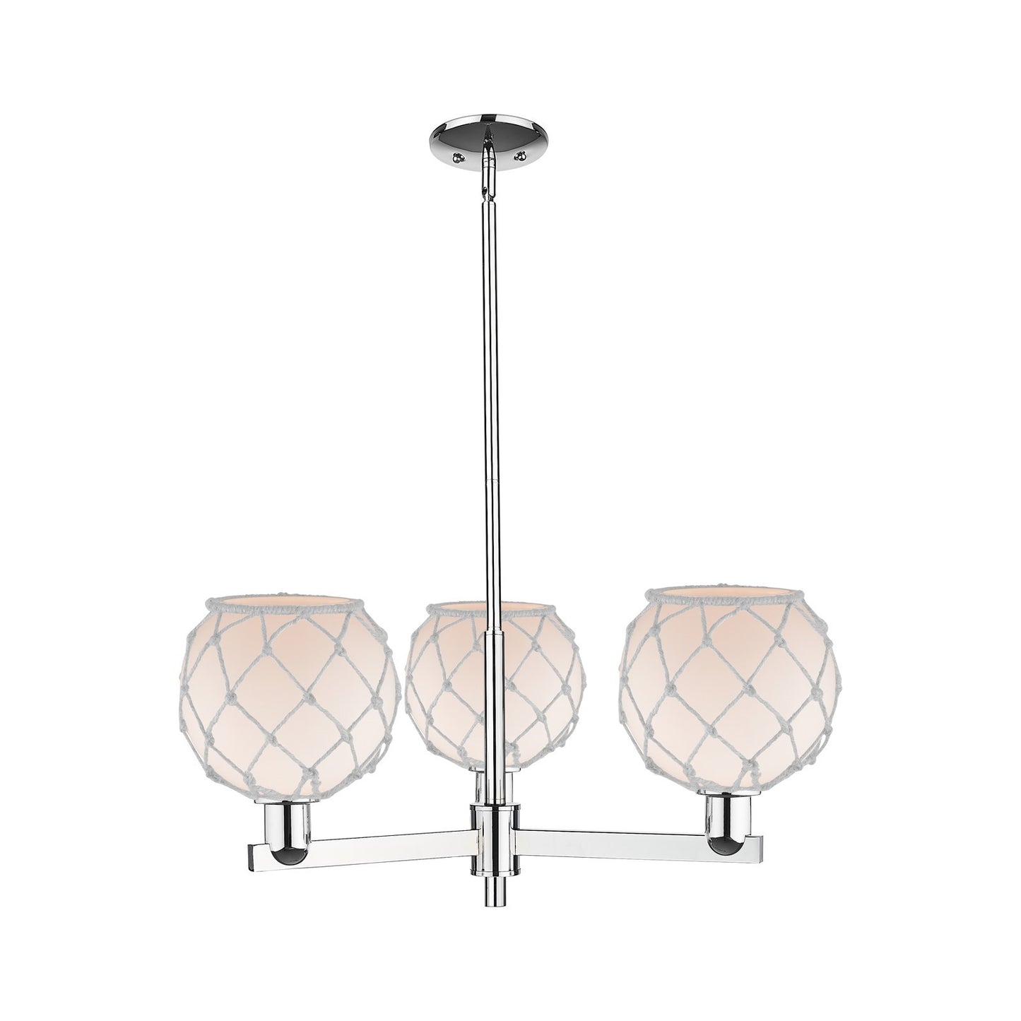 Innovations Farmhouse Rope 30in 3-Light Pendant | Industrial Polished Chrome Steel and White Frosted Glass with Rope | Kitchen | Model 716-3CR-PC-G121-8RW