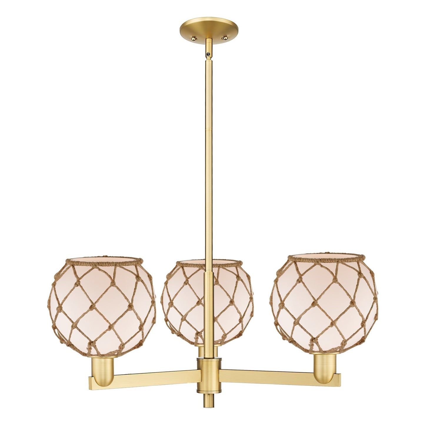 Innovations Farmhouse Rope 30in 3-Light Pendant | Industrial Satin Gold Steel and White Glass with Brown Rope | Kitchen Island | Model 716-3CR-SG-G121-8RB