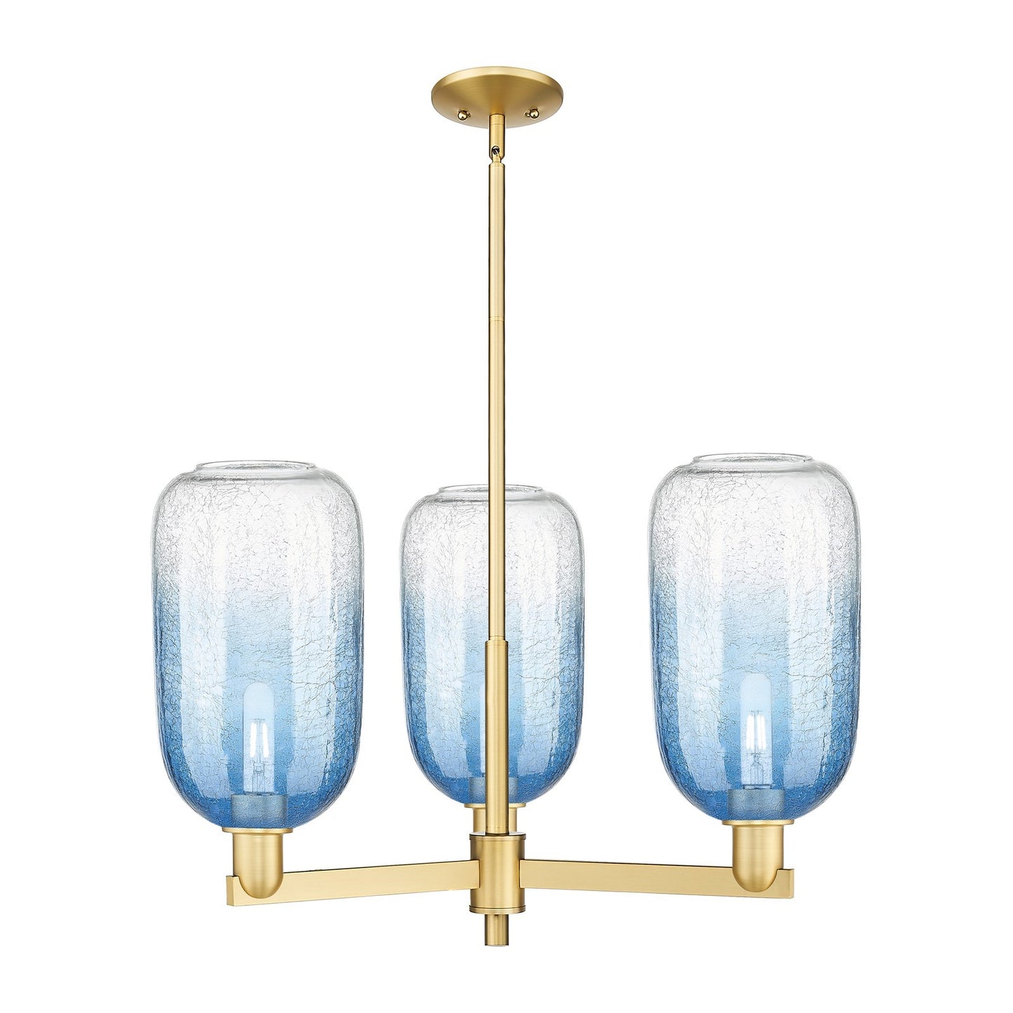 Innovations Brookhaven Cloche 28.75in 3-Light Pendant | Industrial Satin Gold Steel and Sapphire Blue Glass | Kitchen Island & | Model 716-3CR-SG-G482-7SB