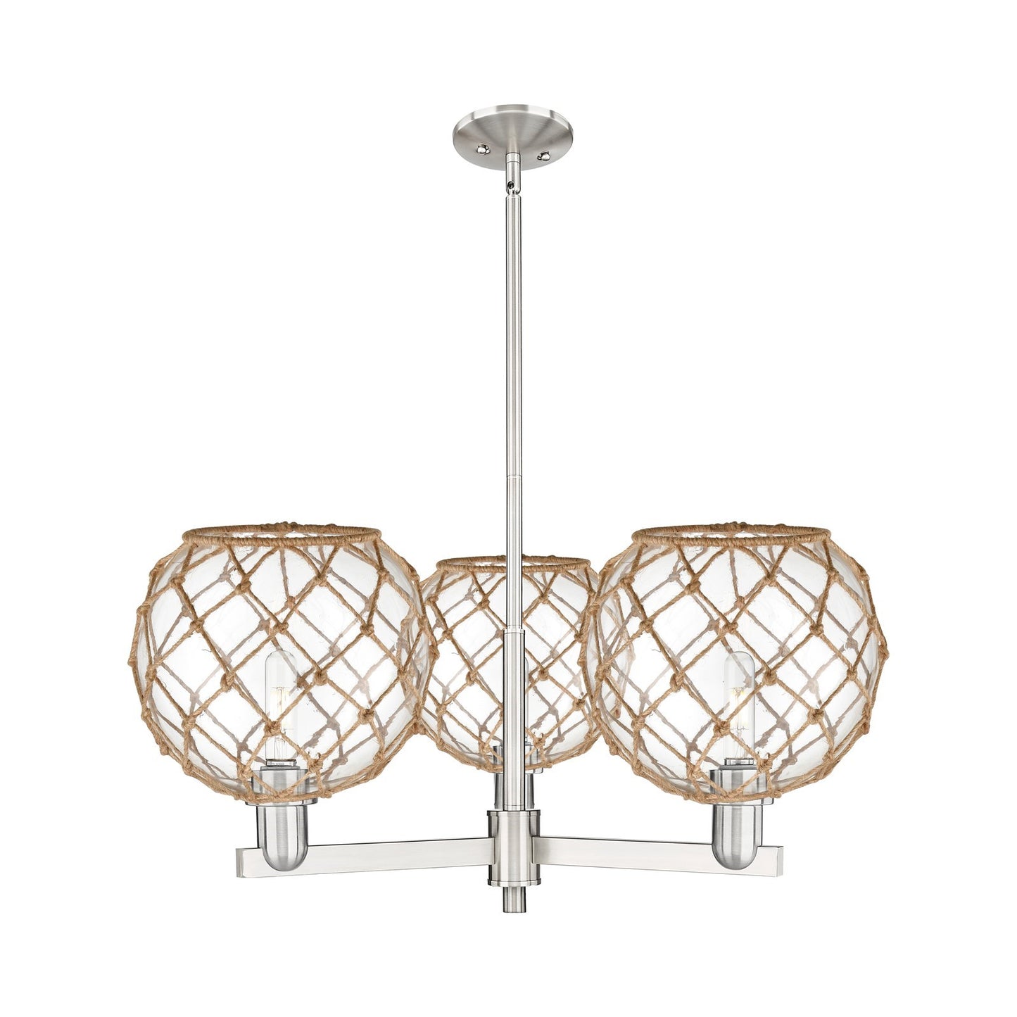 Innovations Farmhouse Rope 32in 3-Light Pendant | Industrial Satin Nickel Steel and Clear Glass with Brown Rope | Kitchen | Model 716-3CR-SN-G122-10RB