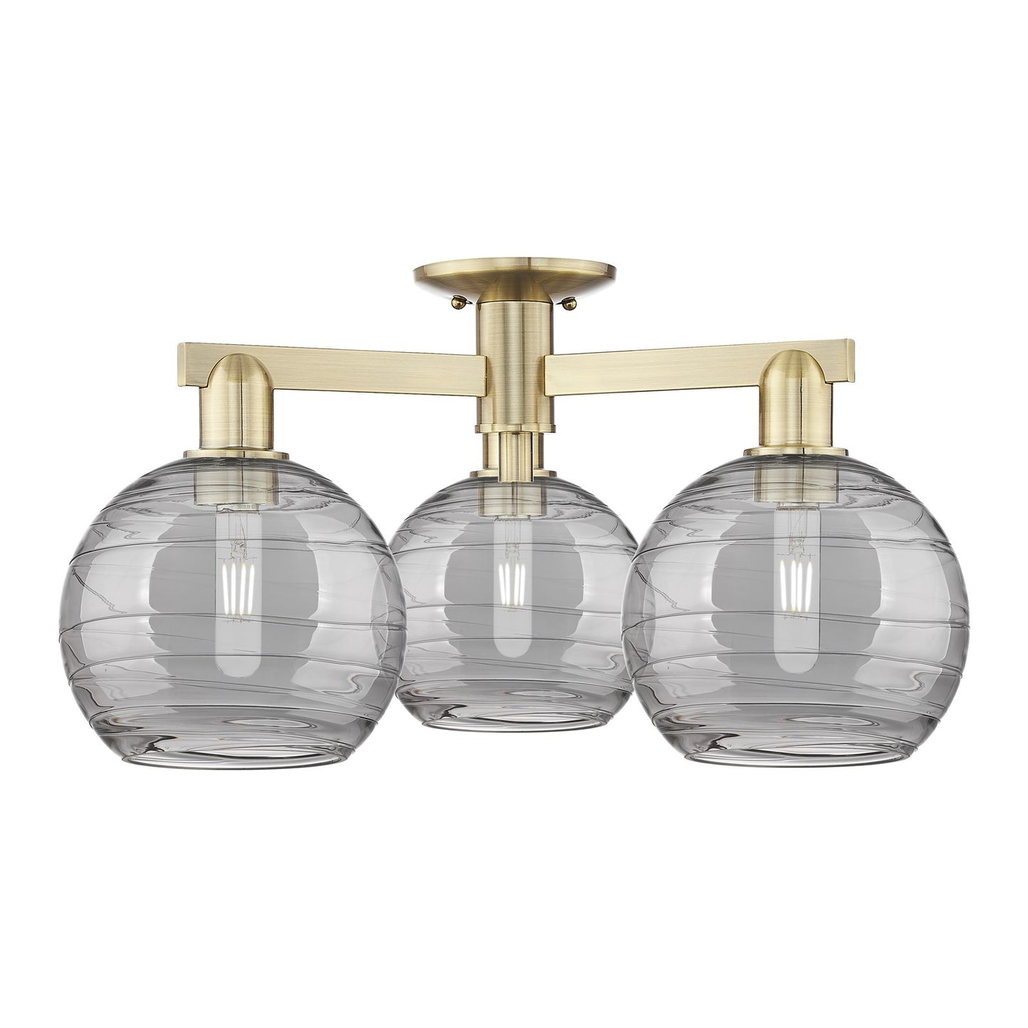 Innovations Athens Deco Swirl 26in 3-Light Semi-Flush Mount | Industrial Antique Brass and Light Smoke Glass | Living Room & | Model 716-3F-AB-G1213-8SM