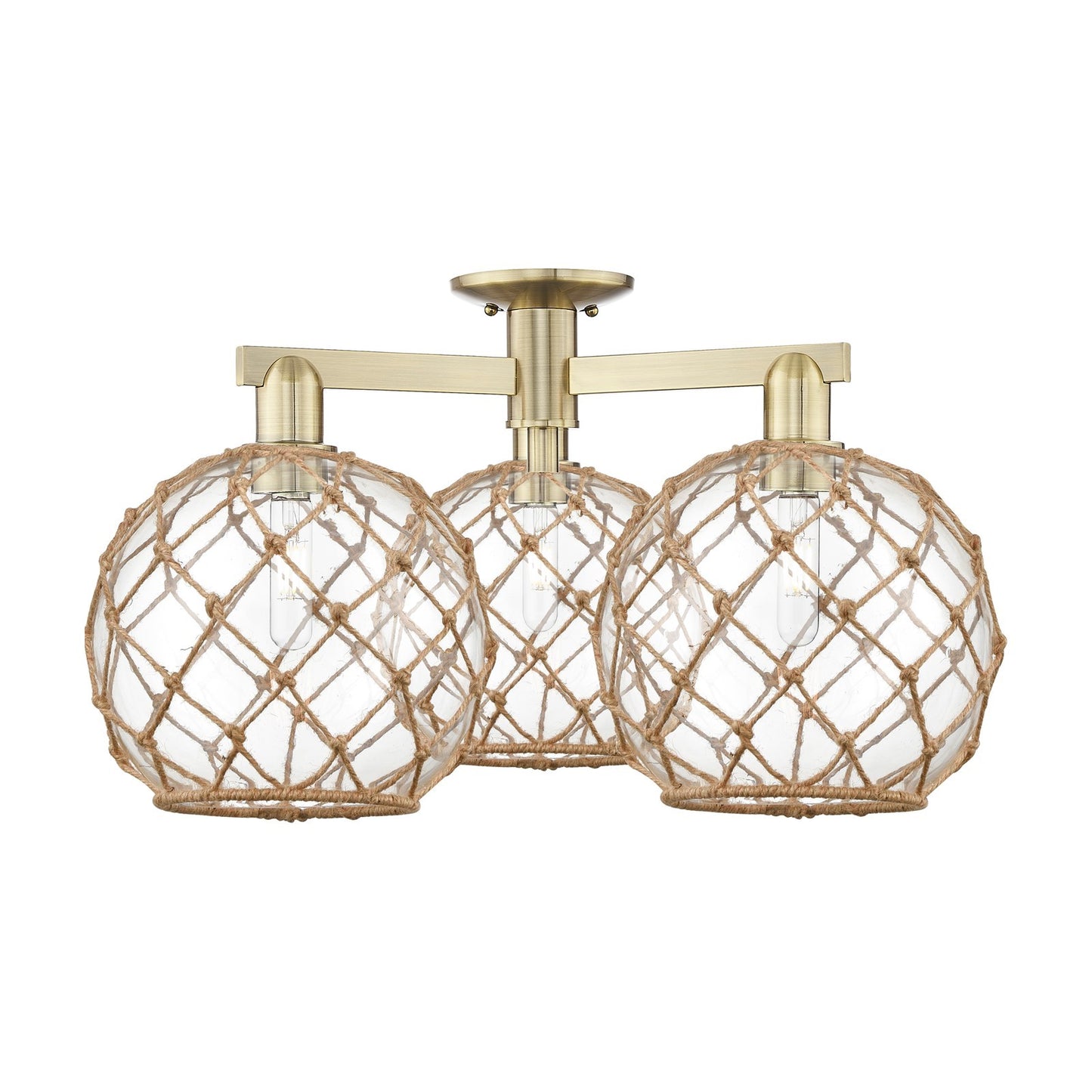 Innovations Farmhouse Rope 28in 3-Light Semi-Flush Mount | Industrial Antique Brass Steel and Clear Glass with Brown Rope | Model 716-3F-AB-G122-10RB