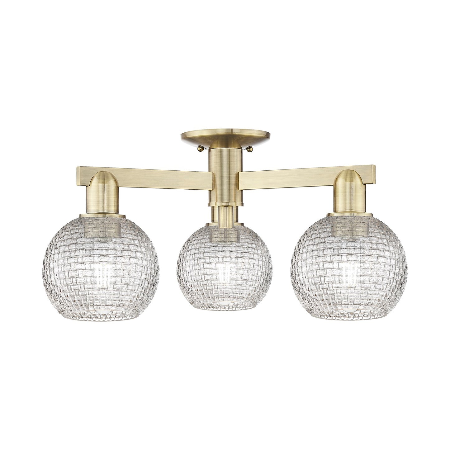 Innovations Athens 23in 3-Light Semi-Flush Mount | Industrial Antique Brass Steel and Clear Basket Weave Glass | Kitchen & | Model 716-3F-AB-G122C-6CL