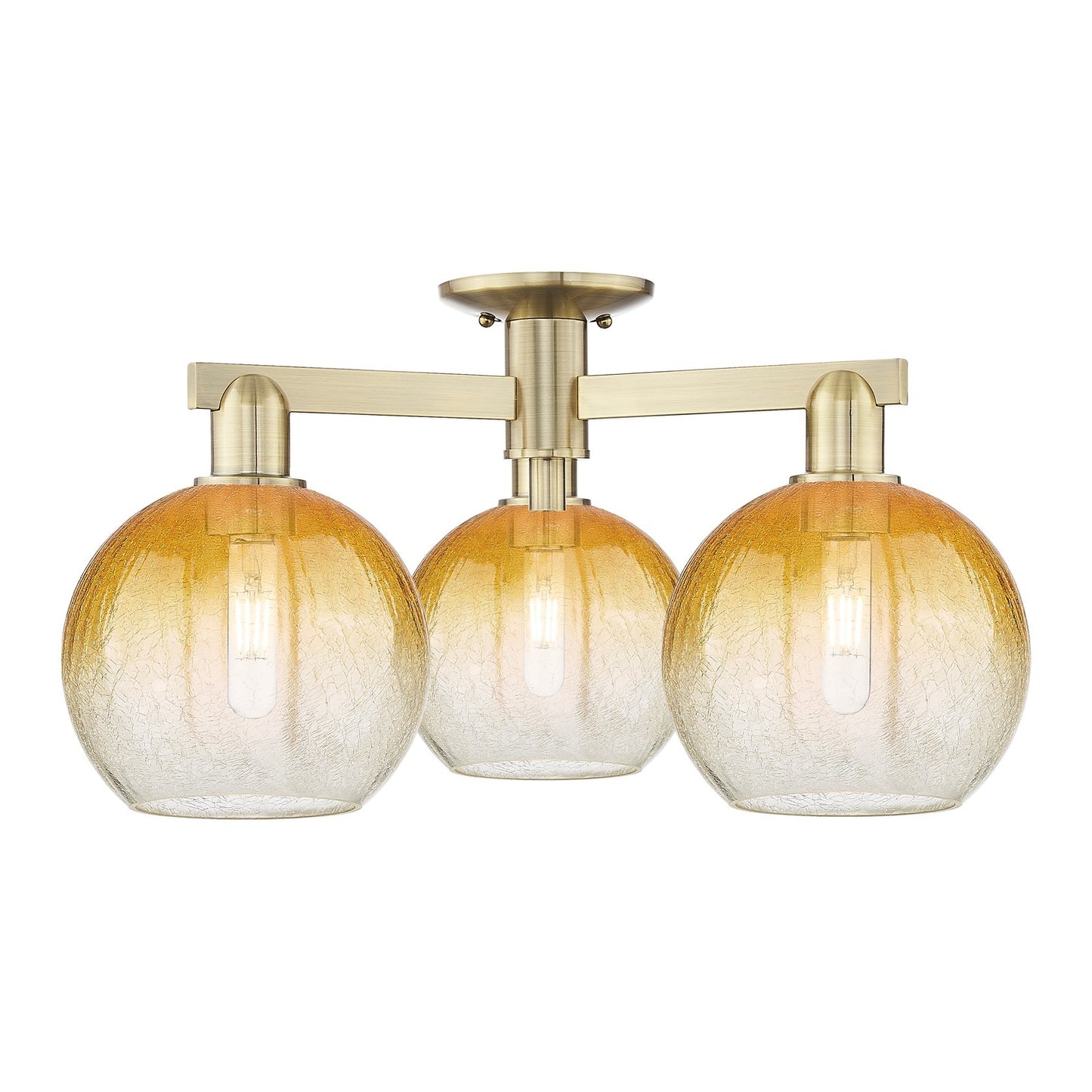 Innovations Brookhaven Globe 25.5in 3-Light Semi-Flush Mount | Industrial Antique Brass and Amber Glass | Entryway & Hallway | Model 716-3F-AB-G483-8AM