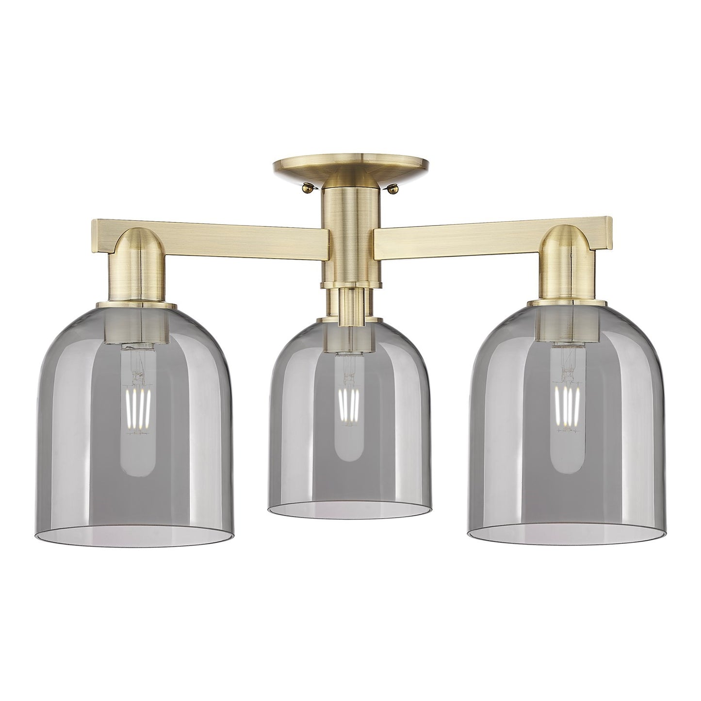 Innovations Bella 23in 3-Light Semi-Flush Mount | Industrial Antique Brass Steel and Light Smoke Glass | Living Room & Dining | Model 716-3F-AB-G558-6SM