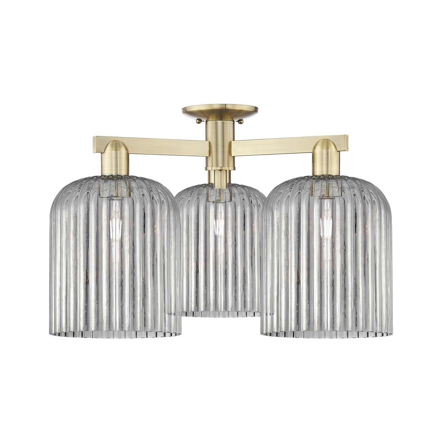 Innovations Bridal Veil 26in 3-Light Semi-Flush Mount | Industrial Antique Brass and Light Smoke Ribbed Glass | Entryway & | Model 716-3F-AB-G559-8SM