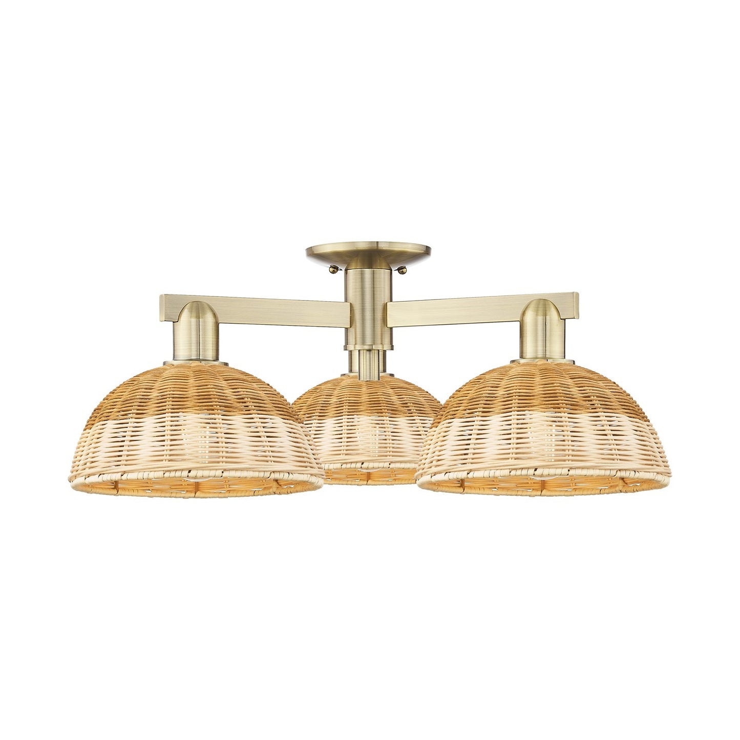 Innovations Bristol Natural II 27in 3-Light Semi-Flush Mount | Industrial Antique Brass Steel and Natural Fiber Shade | Damp | Model 716-3F-AB-NBD2-9-NAT