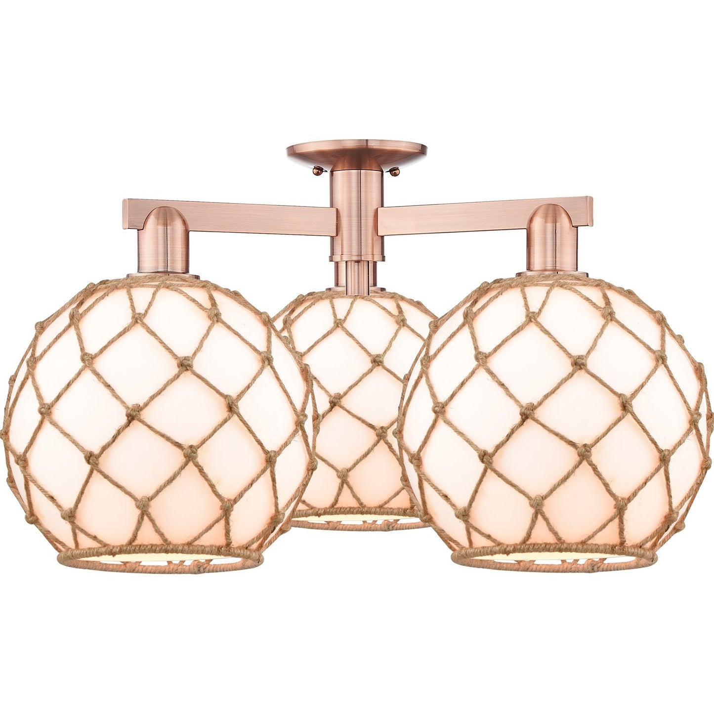 Innovations Farmhouse Rope 28in 3-Light Semi-Flush Mount | Industrial Antique Copper Steel and Matte White Glass with Rope | Model 716-3F-AC-G121-10RB