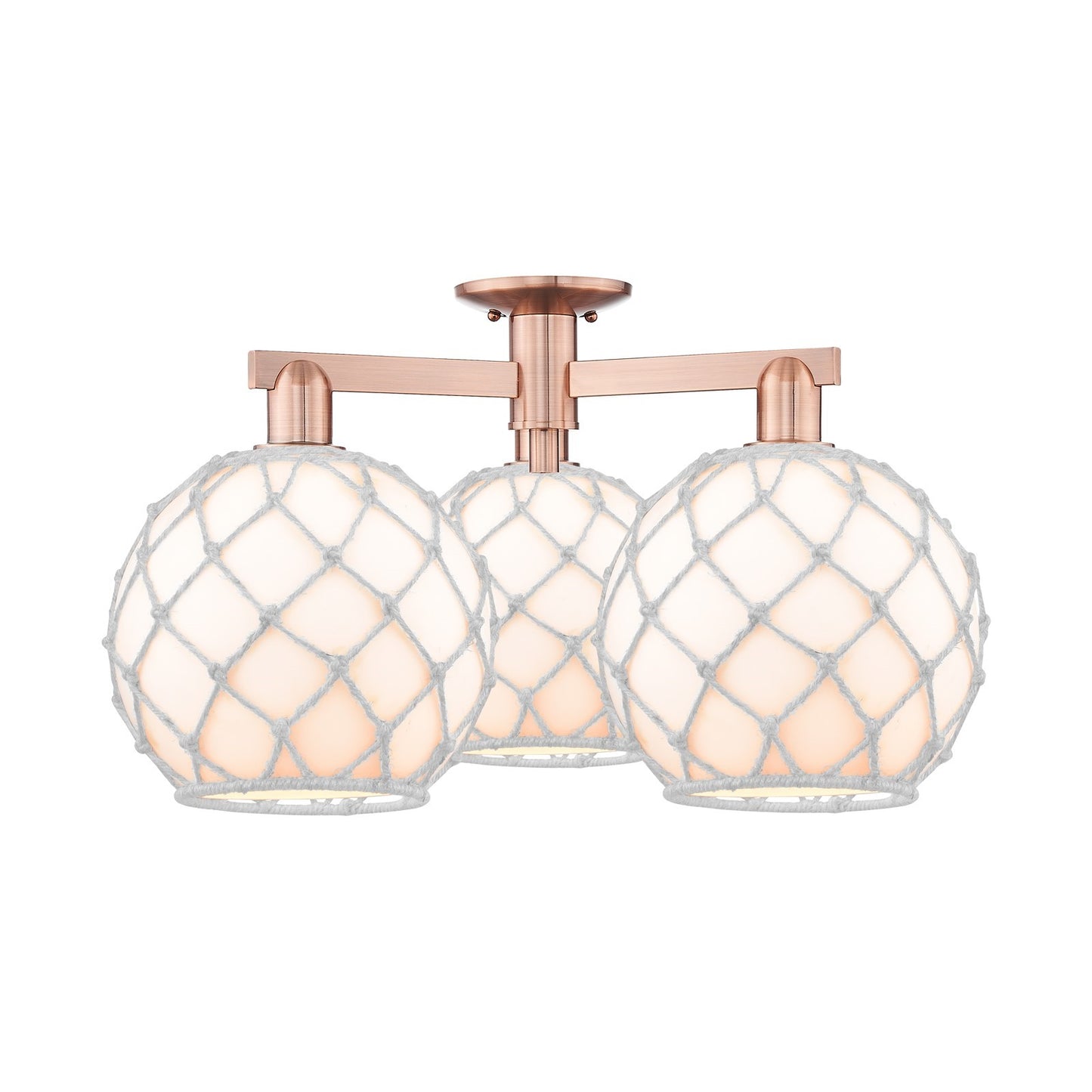 Innovations Farmhouse Rope 28in 3-Light Semi-Flush Mount | Industrial Antique Copper Steel and White Glass with Rope Shade | Model 716-3F-AC-G121-10RW