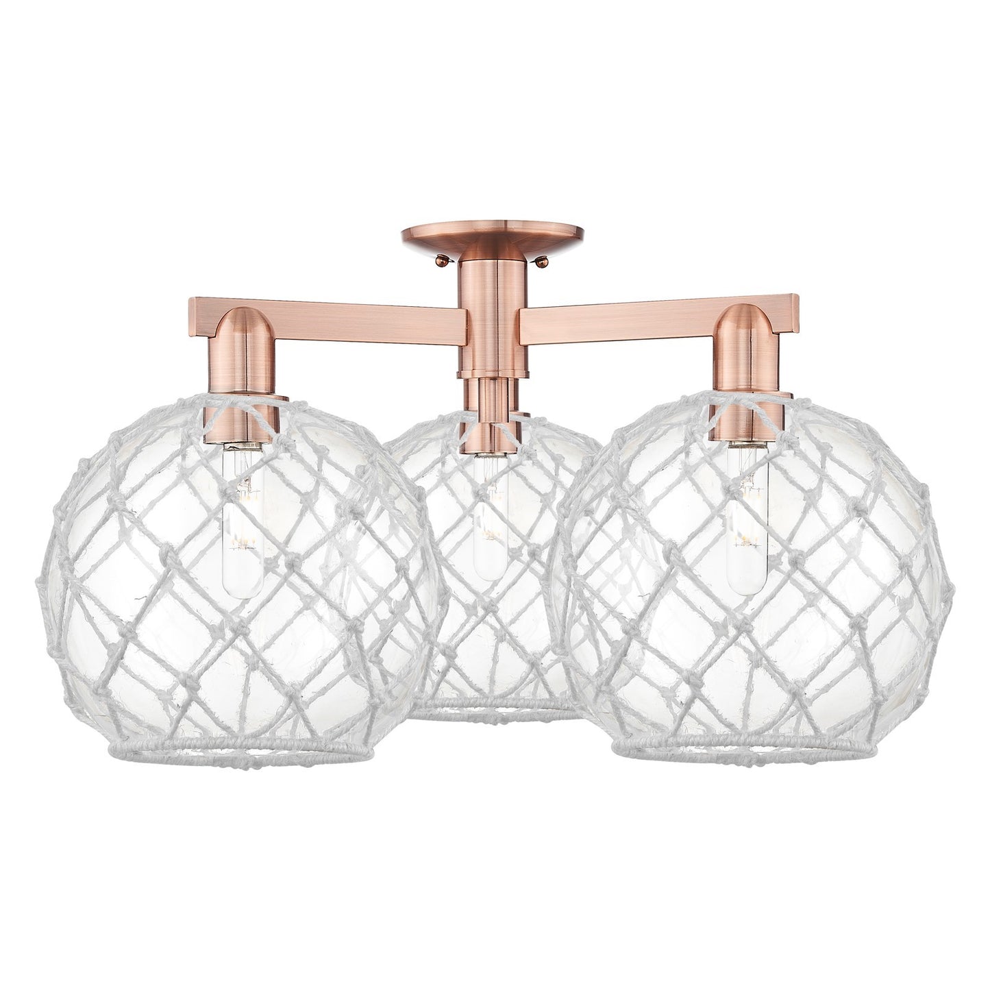 Innovations Farmhouse Rope 28in 3-Light Semi-Flush Mount | Industrial Antique Copper Steel and Clear Glass with White Rope | Model 716-3F-AC-G122-10RW
