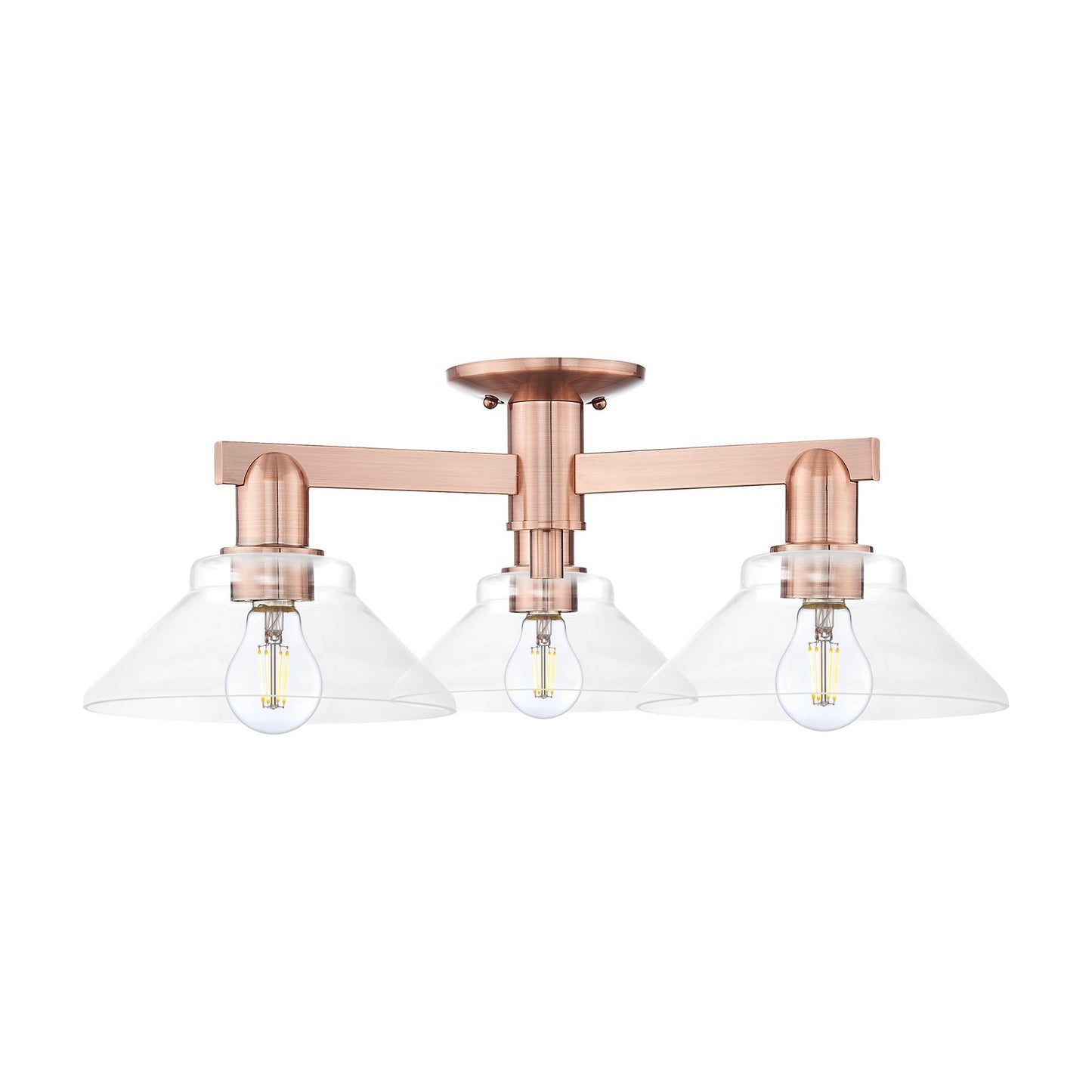 Innovations Orwell 26in 3-Light Semi-Flush Mount | Industrial Antique Copper Steel and Clear Cone Glass | Living Room & Entryway | Model 716-3F-AC-G132