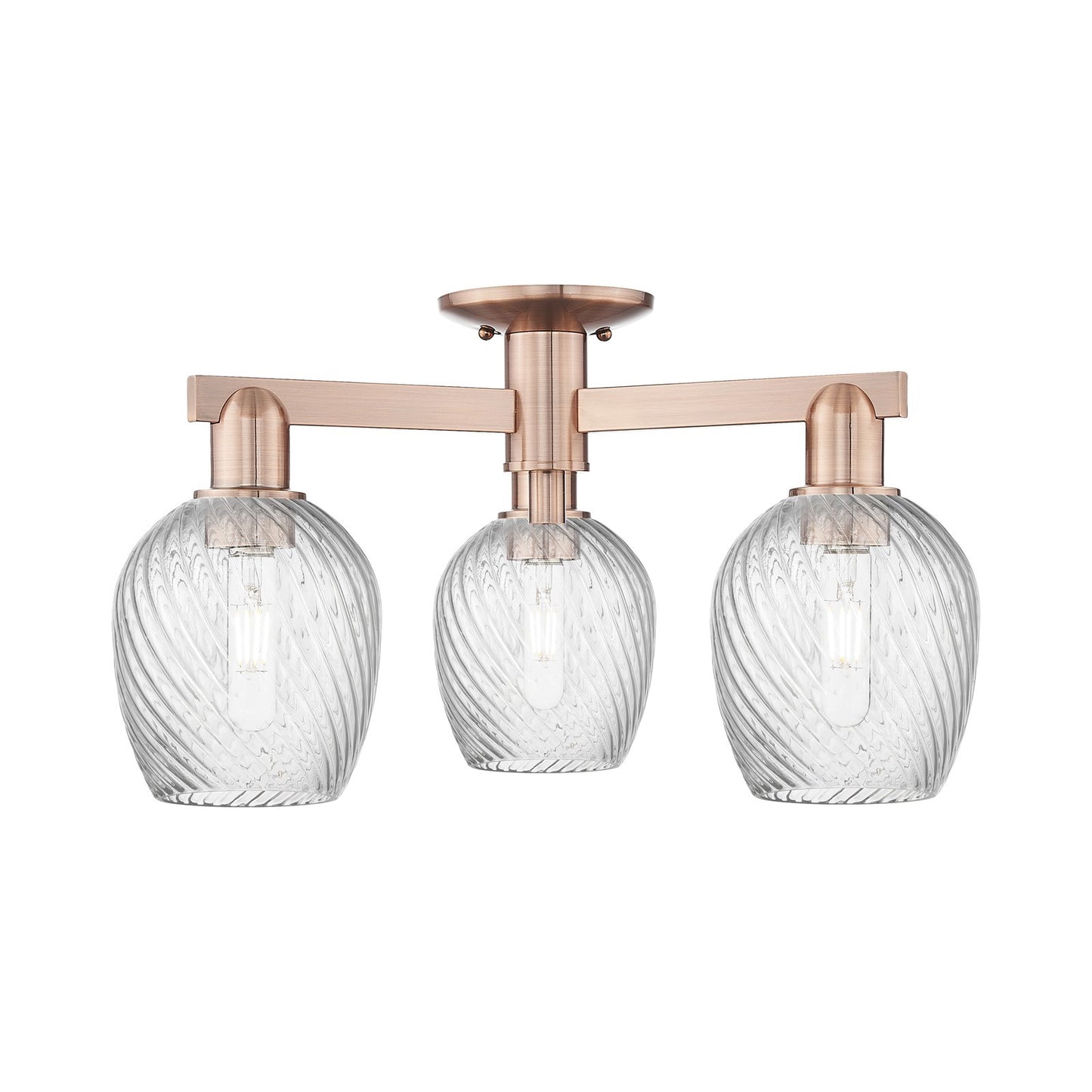 Innovations Salina 23in 3-Light Semi-Flush Mount | Industrial Antique Copper Steel and Clear Spiral Fluted Glass | Kitchen & | Model 716-3F-AC-G292