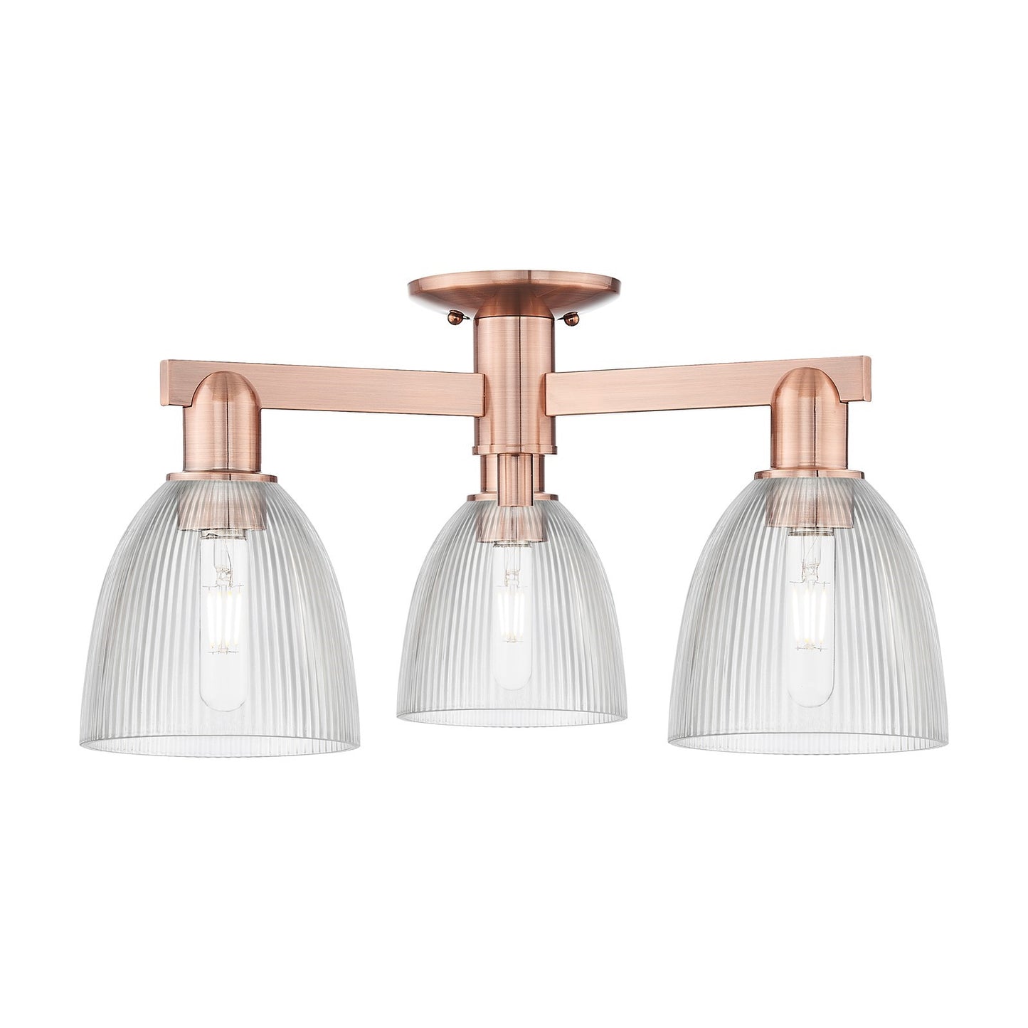 Innovations Castile 24in 3-Light Semi-Flush Mount | Industrial Antique Copper Steel and Clear Glass | Damp-Rated Entryway & Hallway | Model 716-3F-AC-G382