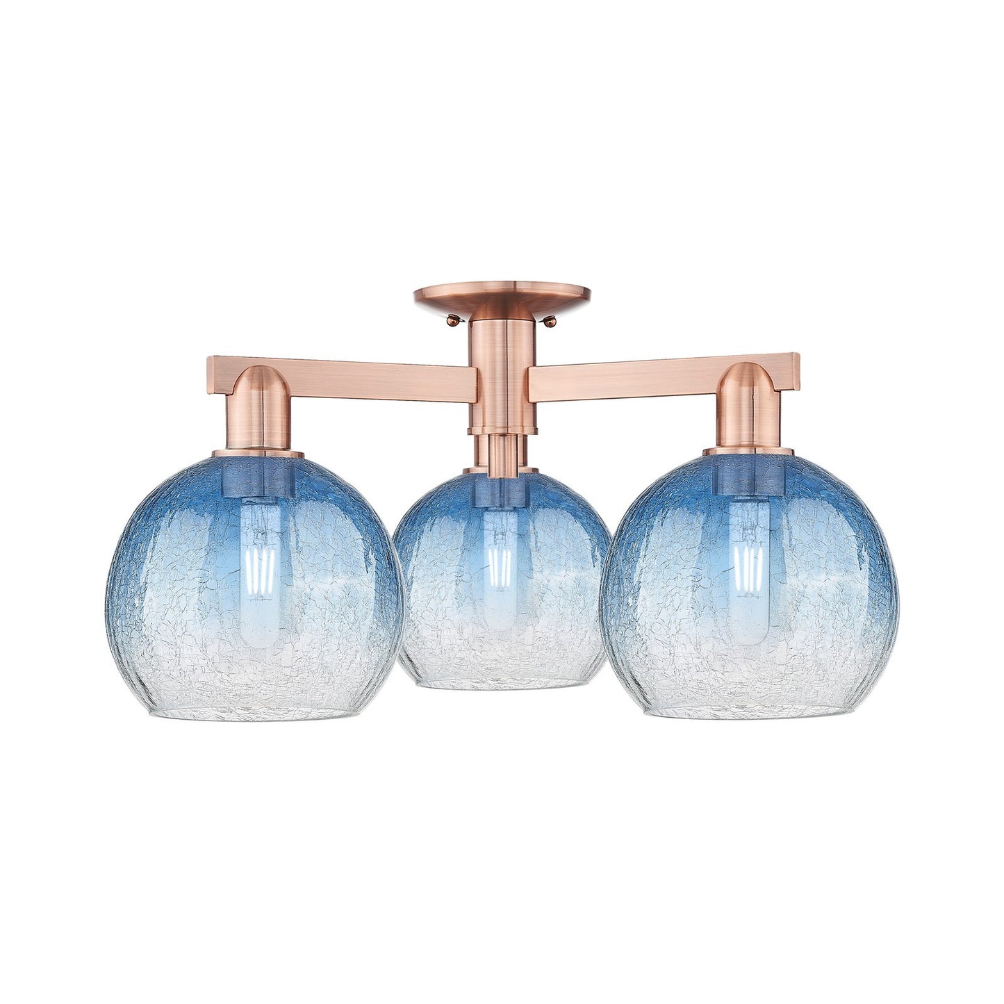 Innovations Brookhaven Globe 25.5in 3-Light Semi-Flush Mount | Industrial Antique Copper and Sapphire Blue Glass | Living Room | Model 716-3F-AC-G483-8SB