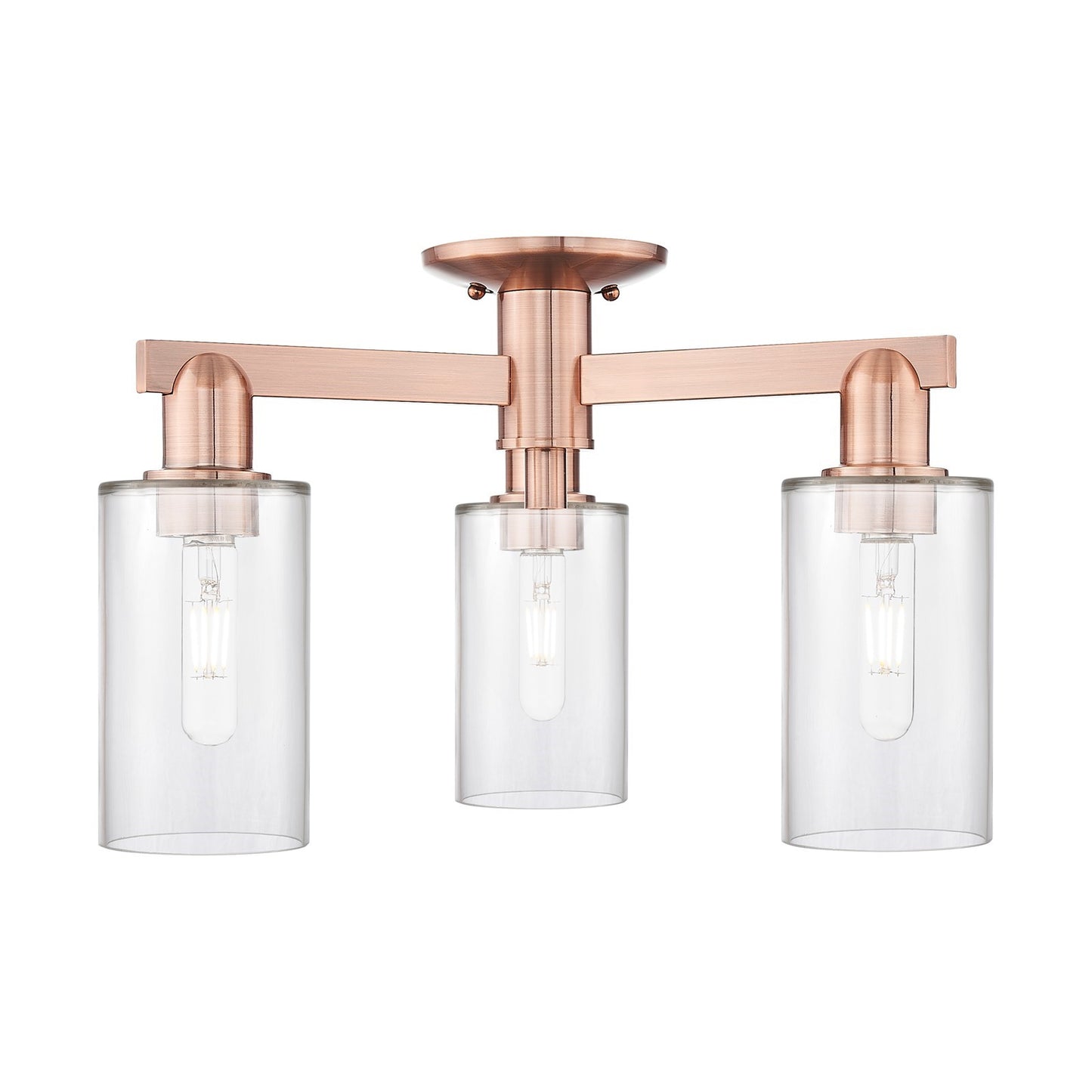 Innovations Clymer 21in 3-Light Semi-Flush Mount | Industrial Antique Copper Steel and Clear Glass | Damp-Rated Entryway & Hallway | Model 716-3F-AC-G802