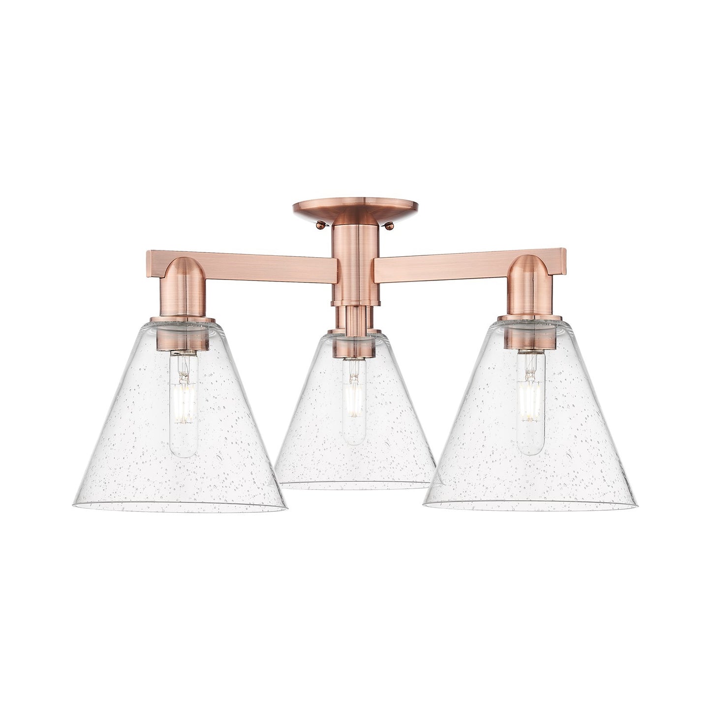 Innovations Berkshire Glass 26in 3-Light Semi-Flush Mount | Industrial Antique Copper Steel and Seedy Glass Cone Shade | Entryway | Model 716-3F-AC-GBC-84