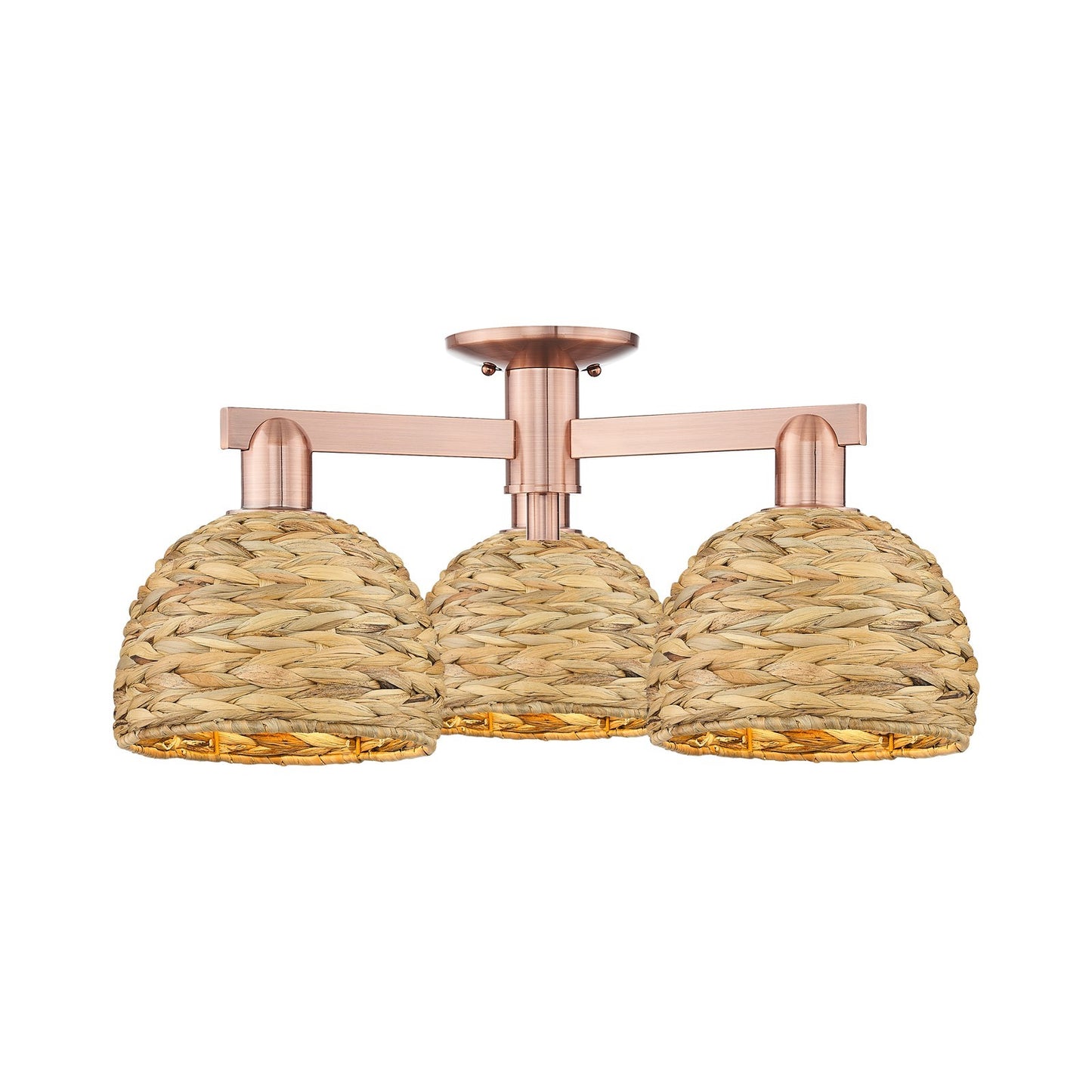 Innovations Arcadia 26in 3-Light Semi-Flush Mount | Industrial Antique Copper Steel and Natural Rattan | Entryway & Hallway | Model 716-3F-AC-RBD-8-NAT