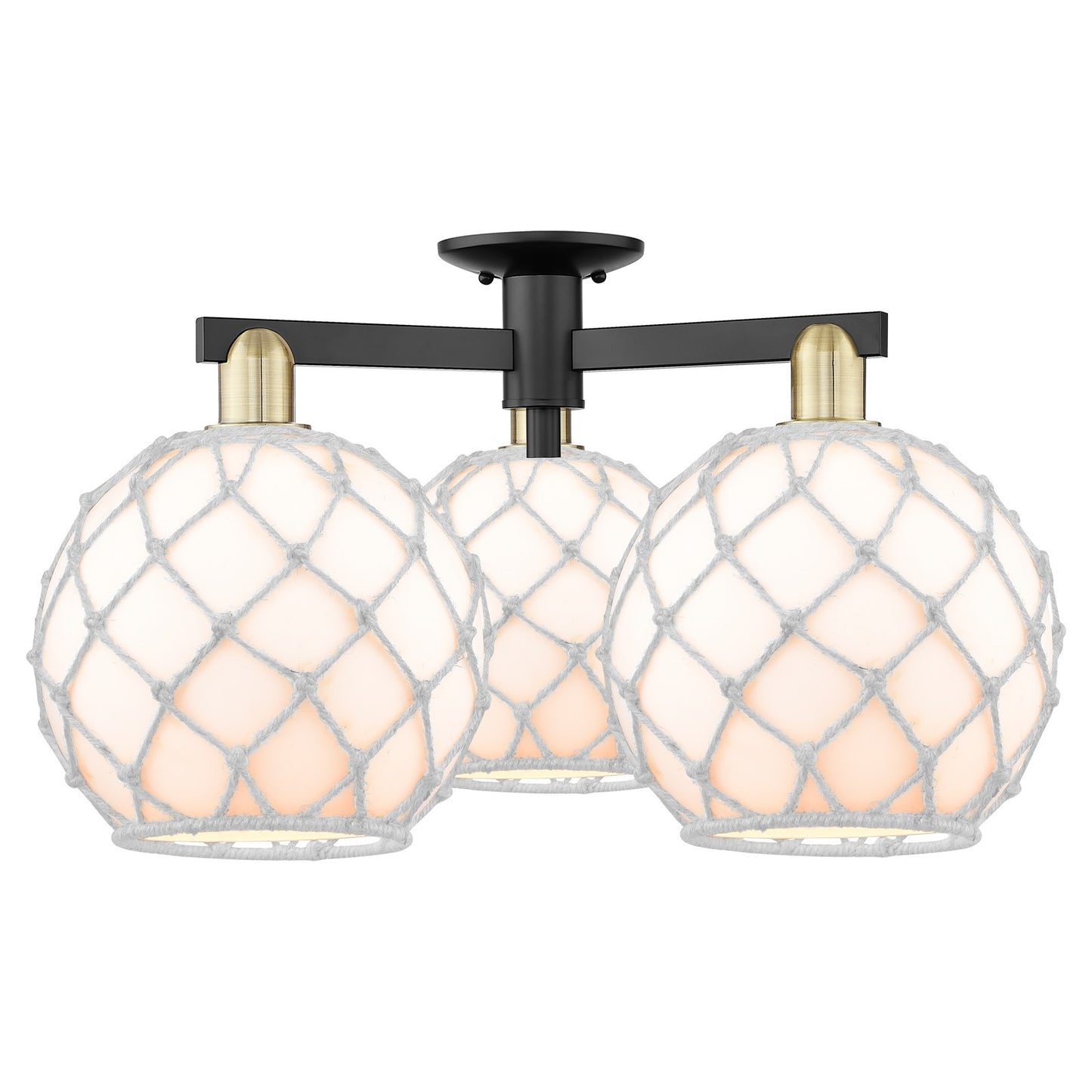 Innovations Farmhouse Rope 28in 3-Light Semi-Flush Mount | Industrial Black Antique Brass and White Glass with White Rope | Model 716-3F-BAB-G121-10RW