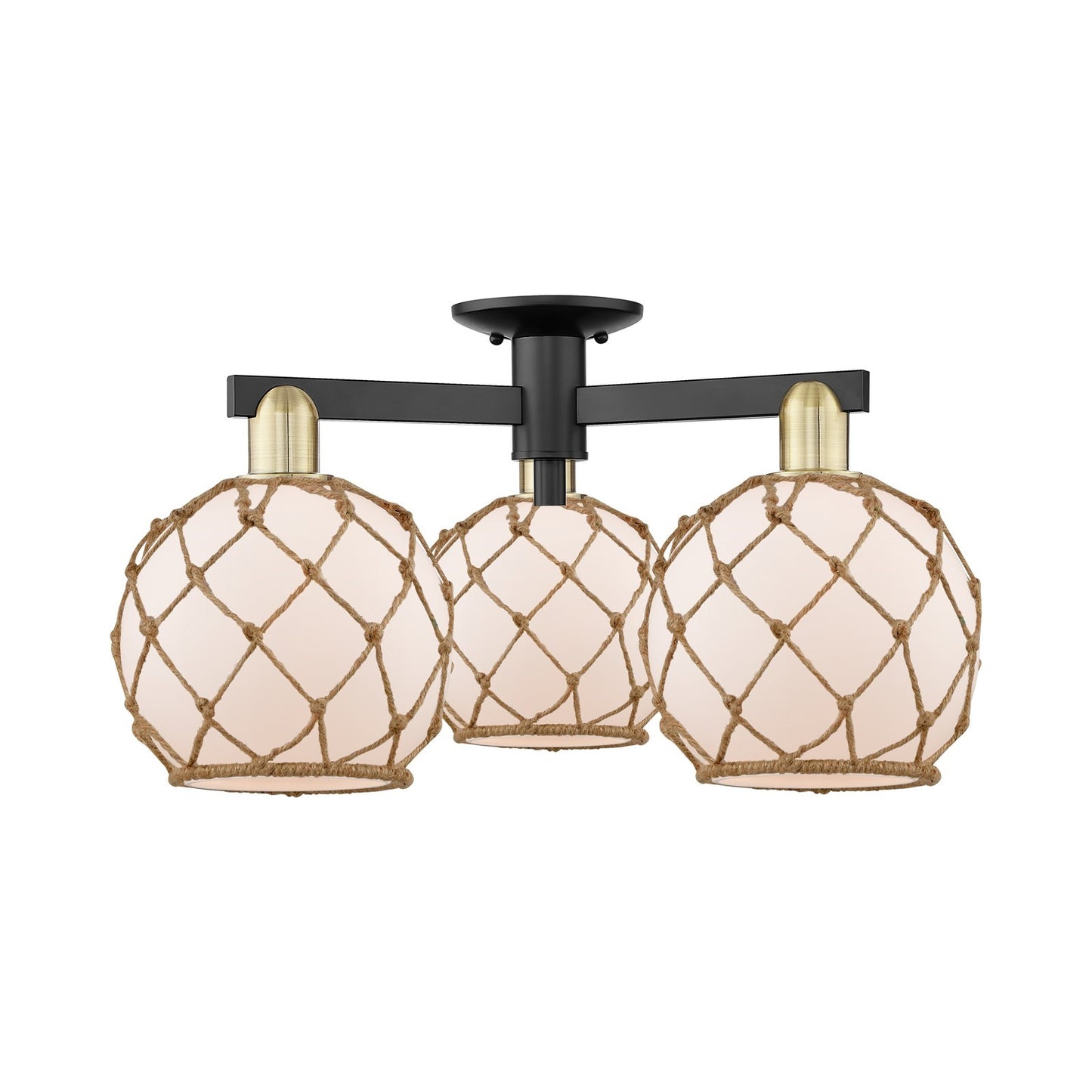Innovations Farmhouse Rope 26in 3-Light Semi-Flush Mount | Industrial Black Antique Brass and White Frosted Glass with Brown | Model 716-3F-BAB-G121-8RB