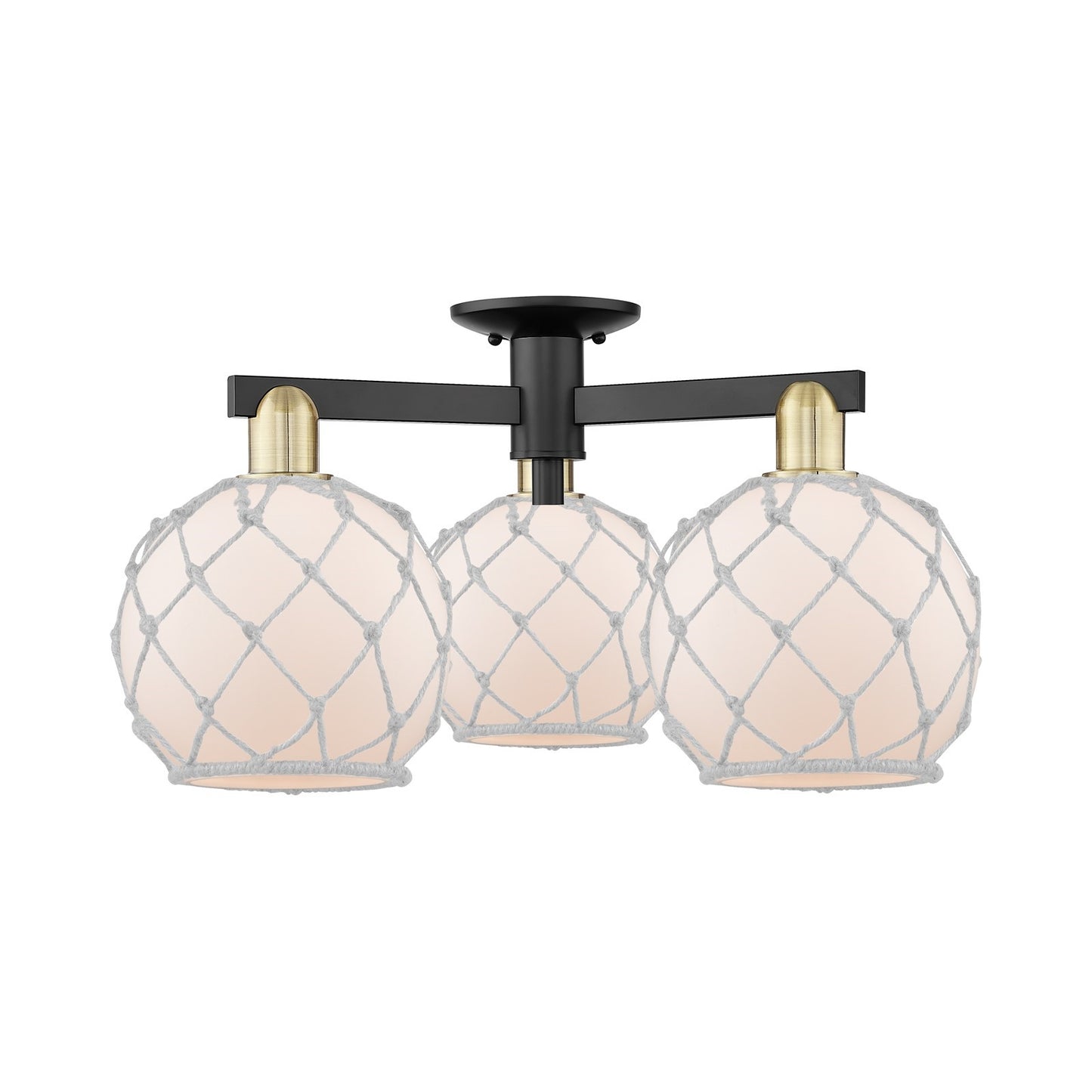 Innovations Farmhouse Rope 26in 3-Light Semi-Flush Mount | Industrial Black Antique Brass Steel and White Frosted Glass with | Model 716-3F-BAB-G121-8RW