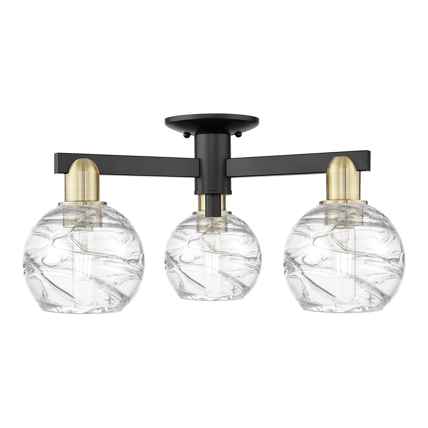 Innovations Athens Deco Swirl 23in 3-Light Semi-Flush Mount | Industrial Black Antique Brass Steel and Clear Deco Swirl Glass | Model 716-3F-BAB-G1213-6CL